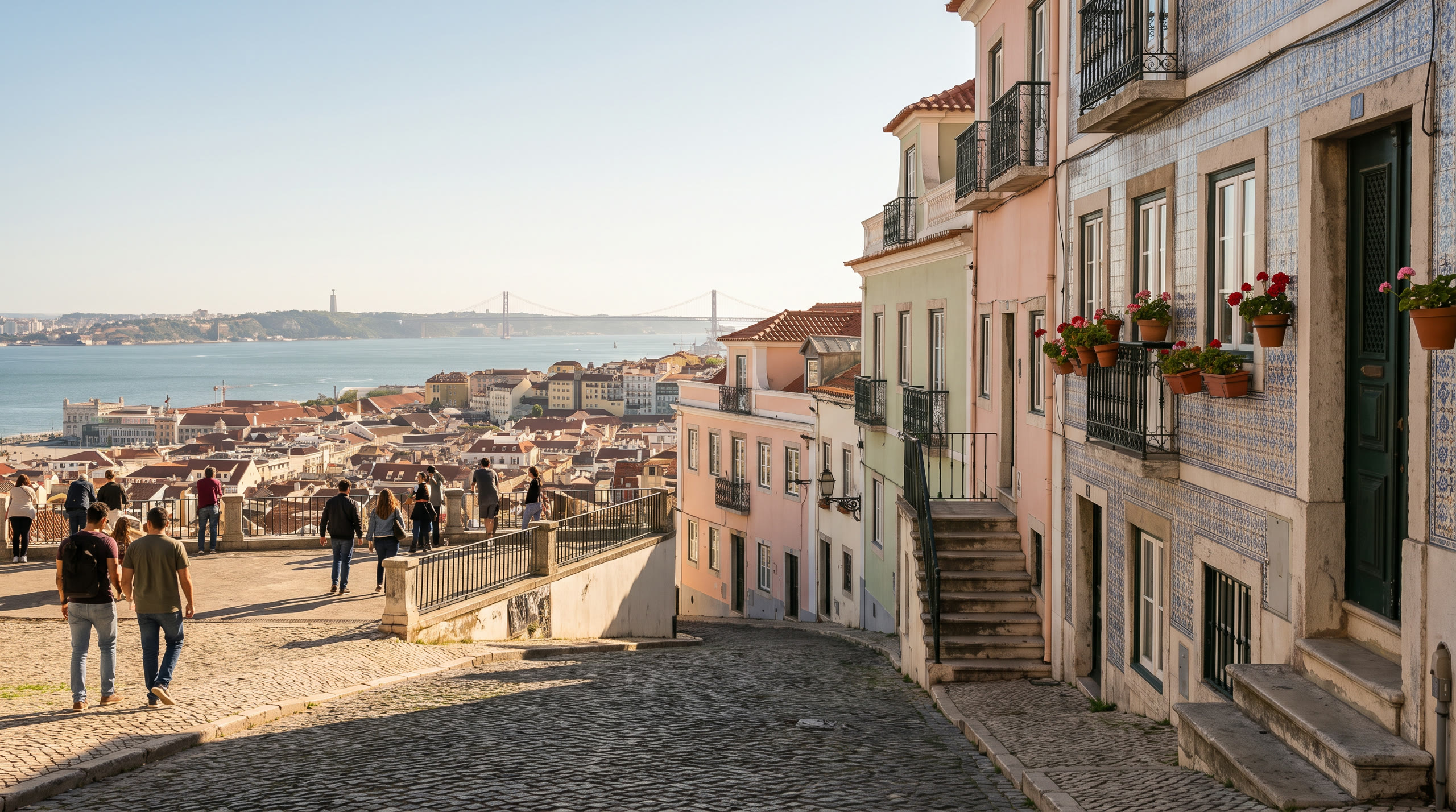 tiled hillside neighbourhoods stepping down to the Tagus estuary at Lisbon, Portugal, in late afternoon light — original Triple VIP destination visual.