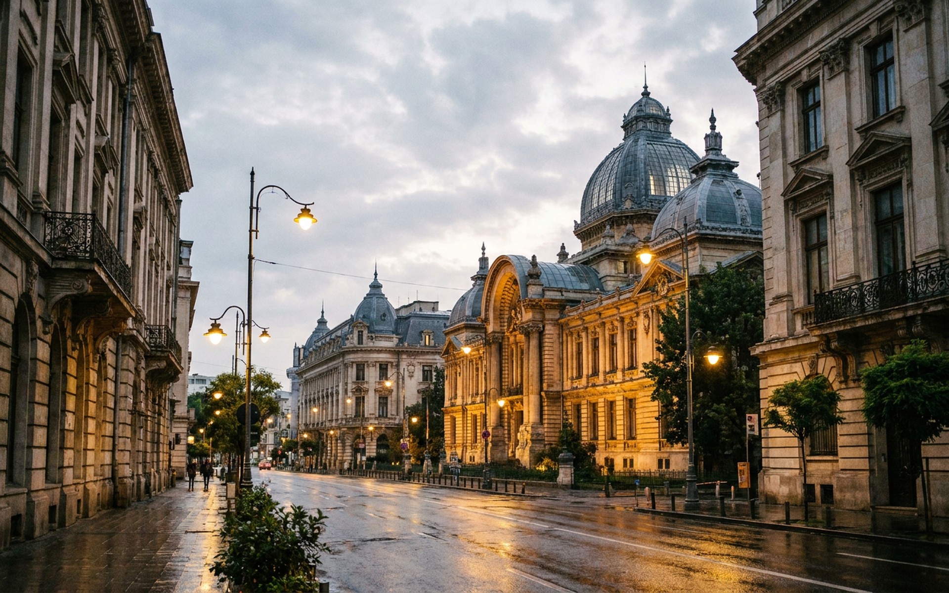 a grand belle-époque boulevard of ornate facades and a domed palace under evening light at Bucharest, Romania — original Triple VIP destination visual.