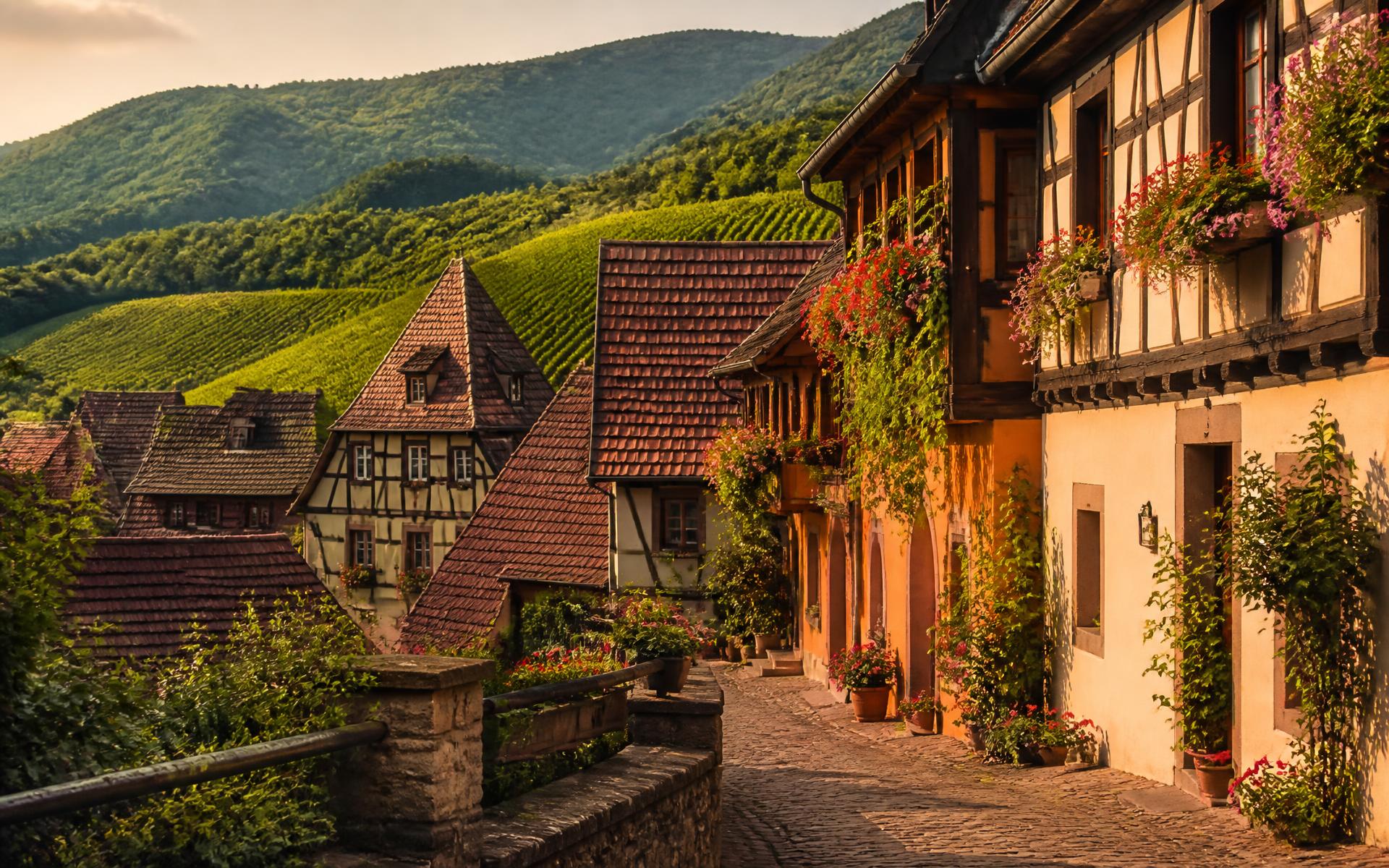 half-timbered villages and vine-covered hills below wooded ridges at Alsace & the Jura, France — original Triple VIP destination visual.