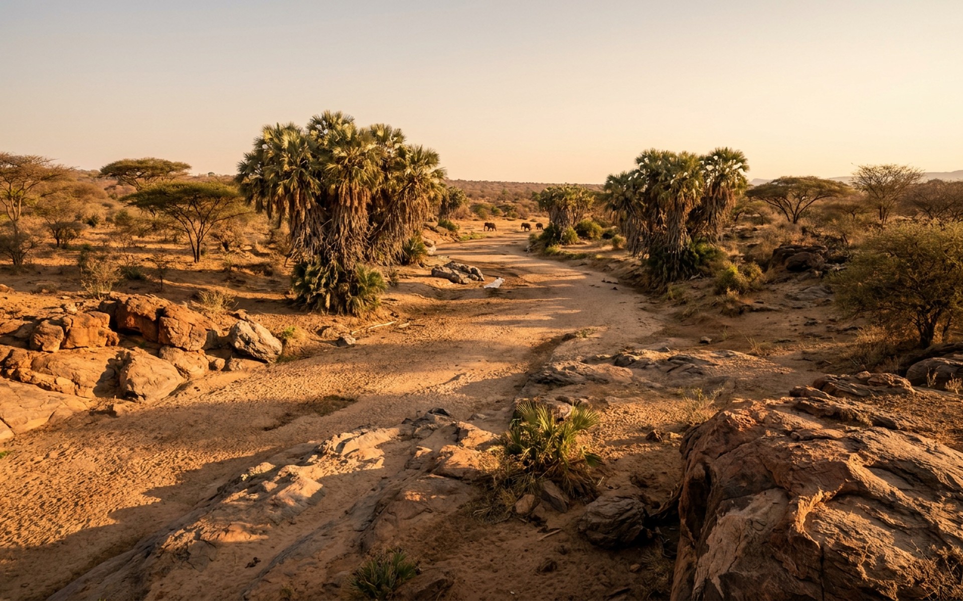 a wide doum-palm river bed between red rocky hills and dry acacia scrub in warm late light at Samburu, Kenya — original Triple VIP destination visual.