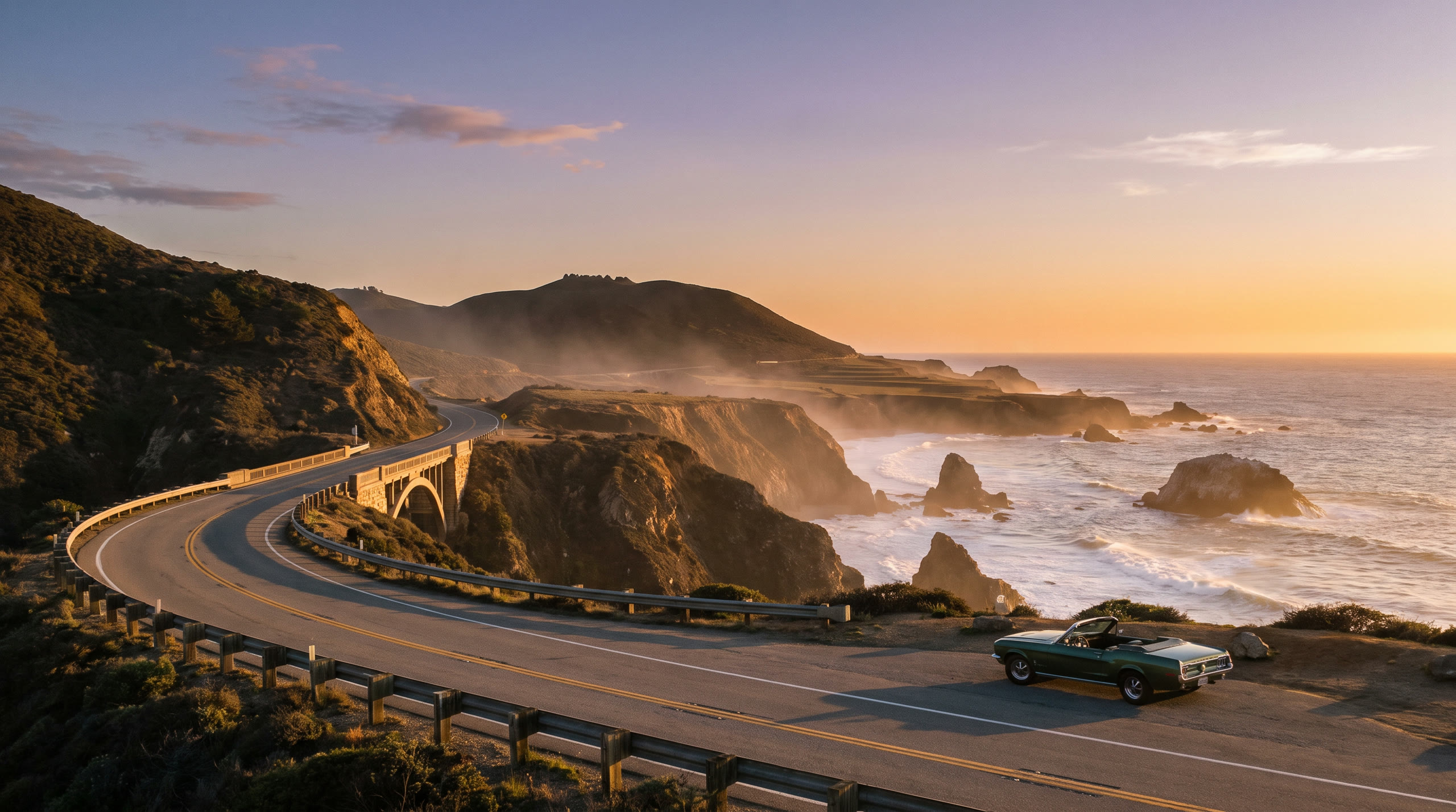 the two-lane highway threading headlands above the Pacific at Pacific Coast Highway, United States, in sunset light — original Triple VIP destination visual.