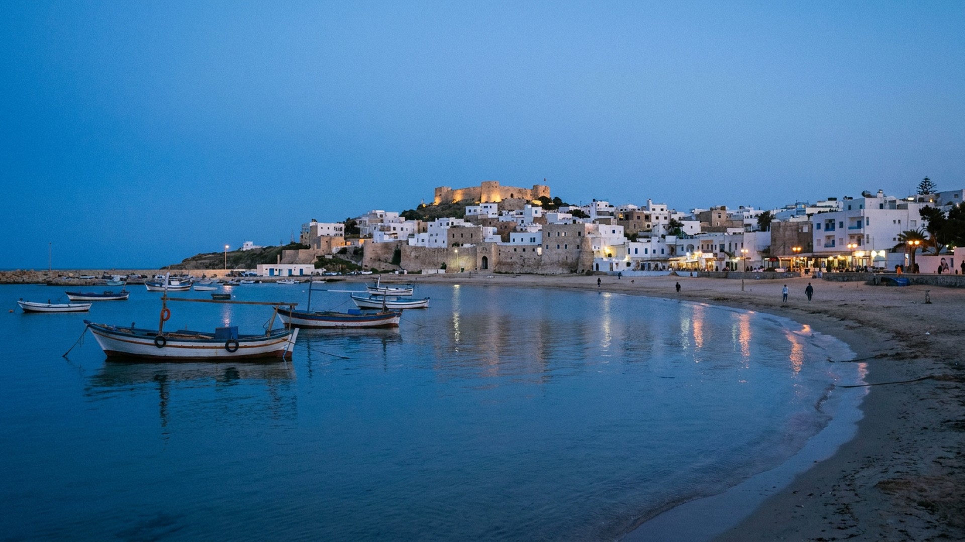 Wide calm bay and the town behind it in Kélibia, Tunisia