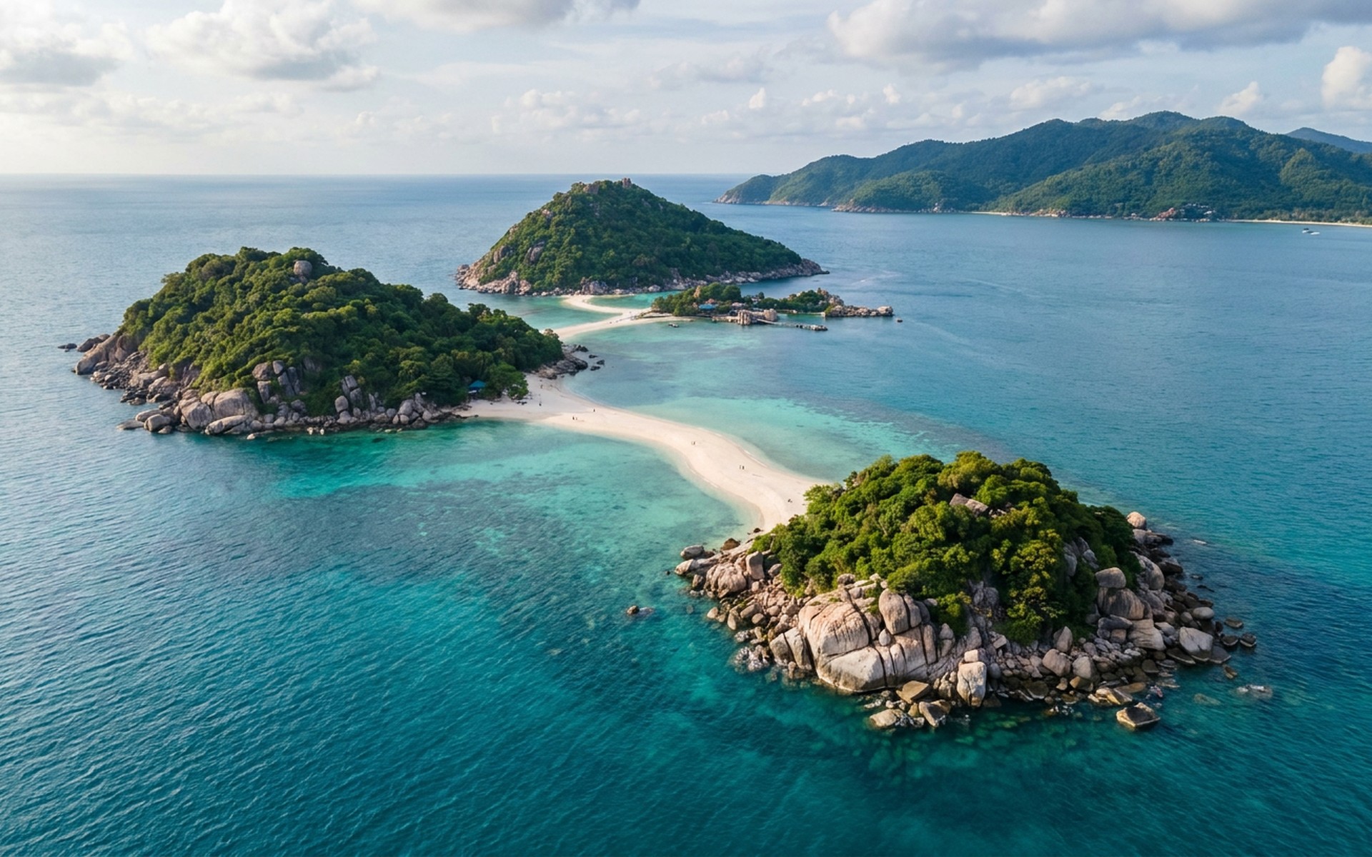 Aerial view of the iconic Nang Yuan Island's sandbar connecting three verdant islets, surrounded by turquoise waters off Koh Tao's coast. at Koh Tao, Thailand — original Triple VIP destination visual.
