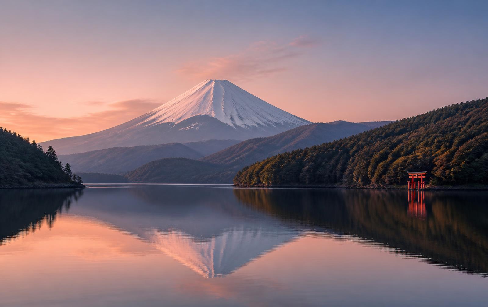 Mount Fuji reflected in the still water of Lake Ashi at dawn, Hakone, Japan