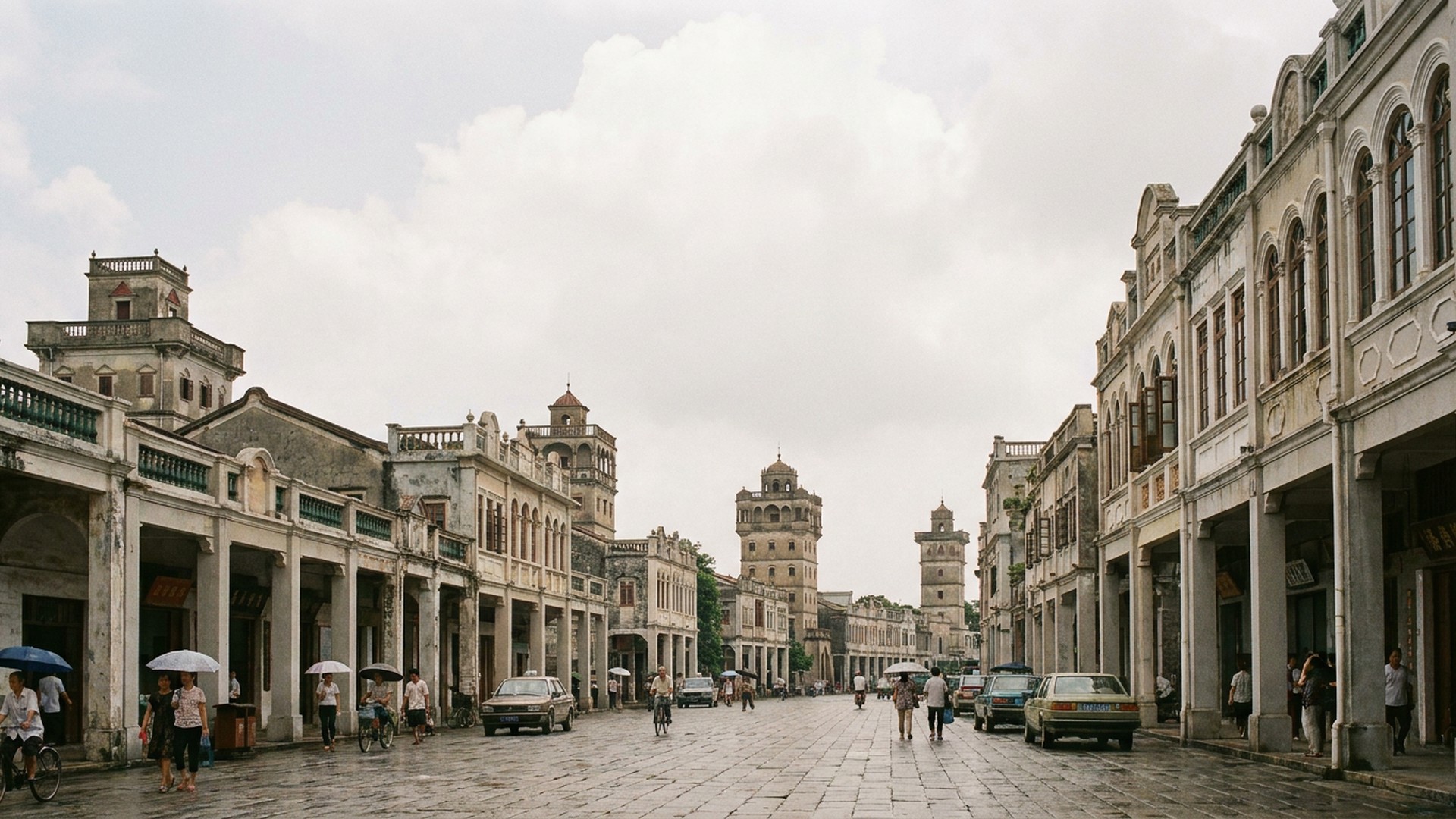 Street-level view of the civic architecture in Jiangmen, China