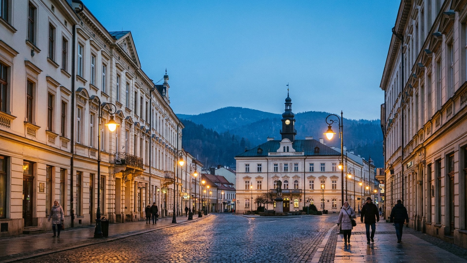 Street-level view of the civic architecture in Bielsko-Biala, Poland
