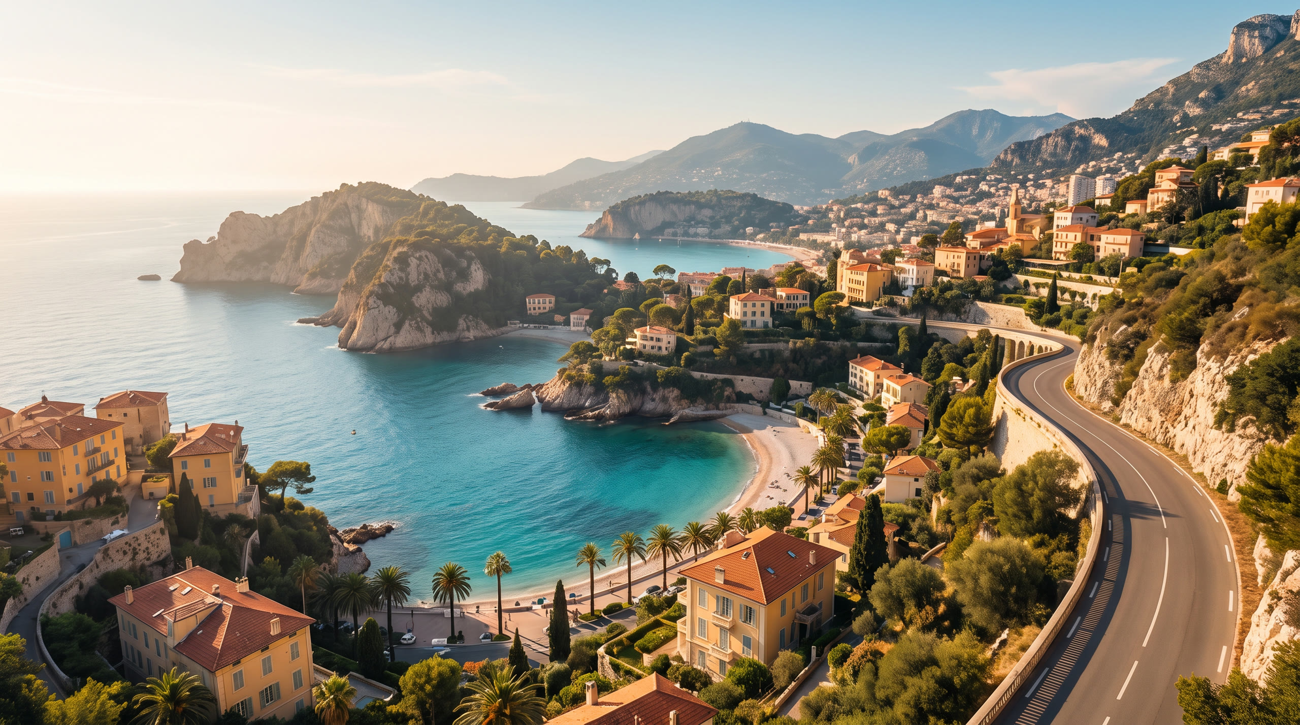 the corniche coastline curving above turquoise Mediterranean bays at French Riviera, France, in late afternoon light — original Triple VIP destination visual.