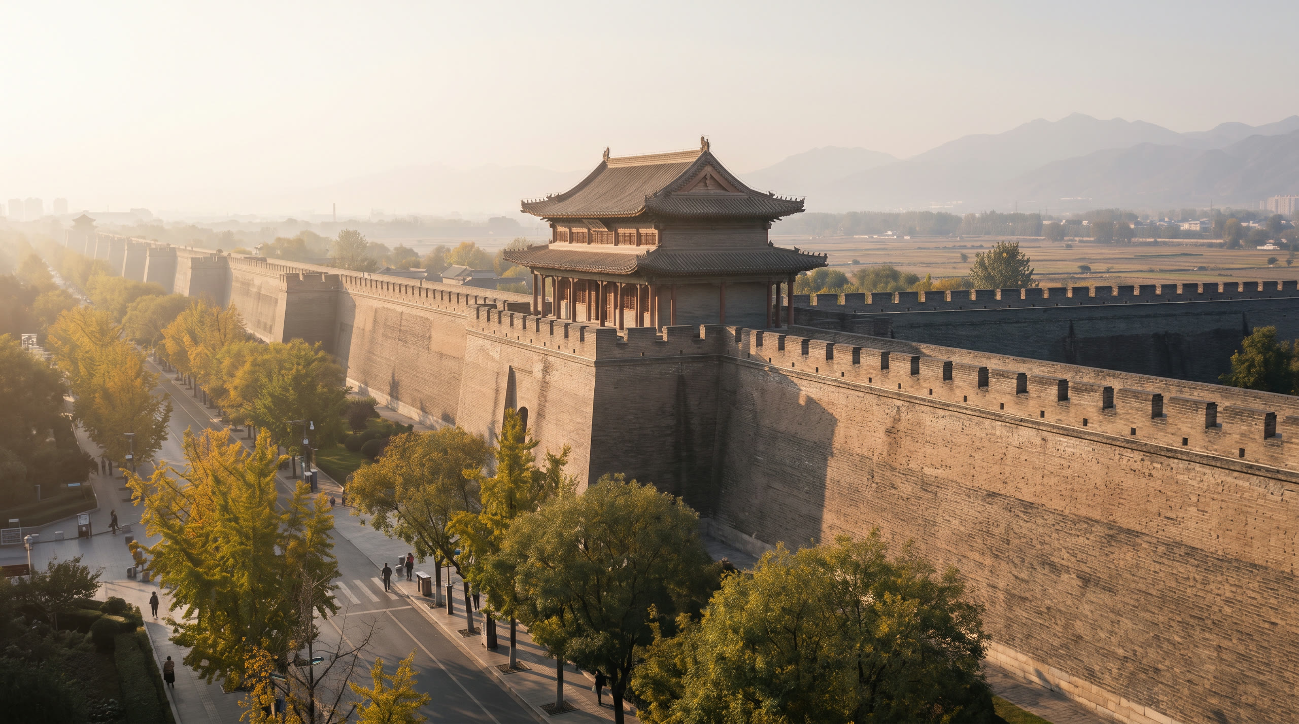 the Ming city wall and its corner tower enclosing the old city at Xi'an, China, in late afternoon light — original Triple VIP destination visual.
