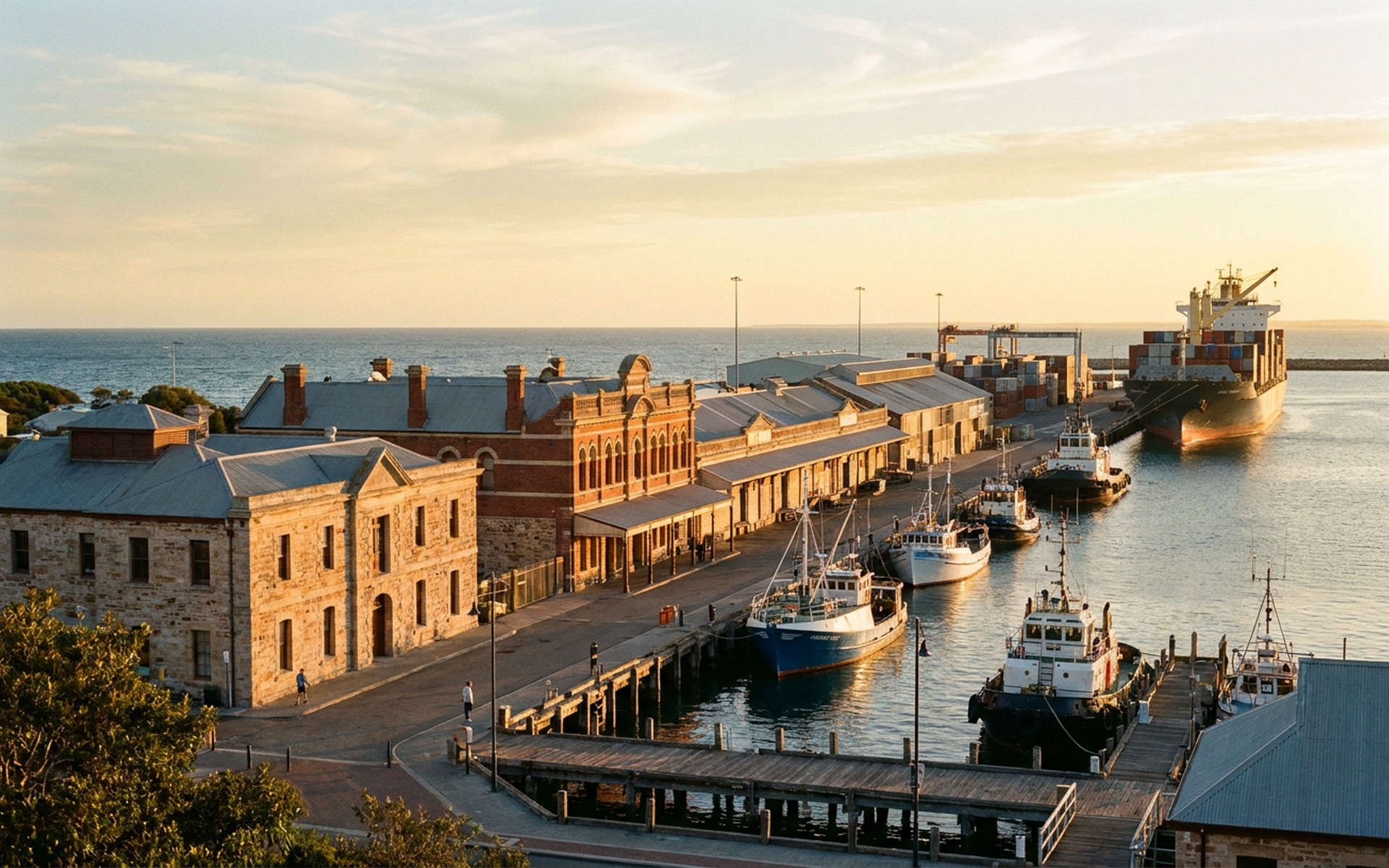 Historic Victorian-era port buildings and the vibrant maritime activity of Fremantle Harbour at golden hour, with the Indian Ocean glistening in the background. at Fremantle & Perth Port, Australia — original Triple VIP destination visual.