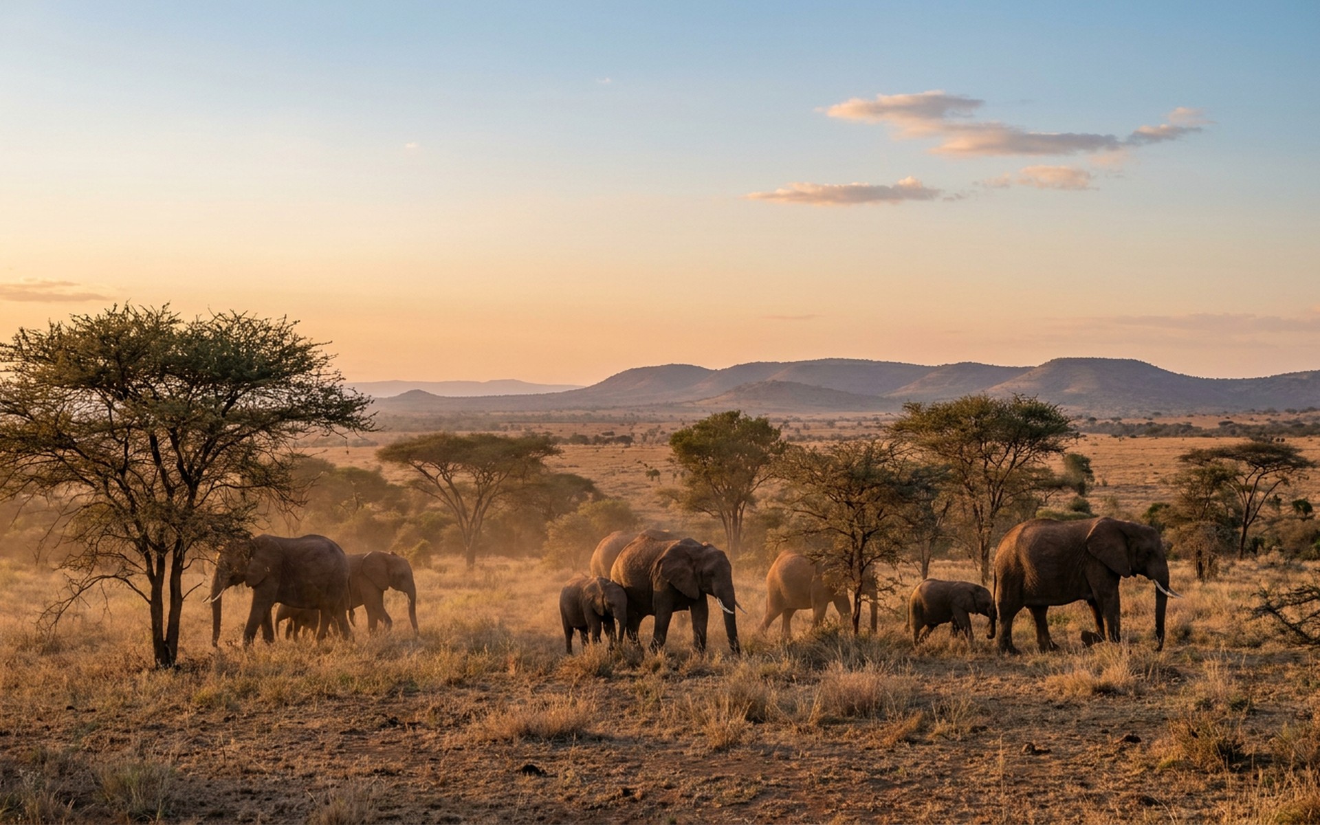 Golden hour light illuminating a herd of elephants grazing peacefully on the expansive savanna plains of Laikipia, with distant acacias. at Laikipia Conservancies, Kenya — original Triple VIP destination visual.