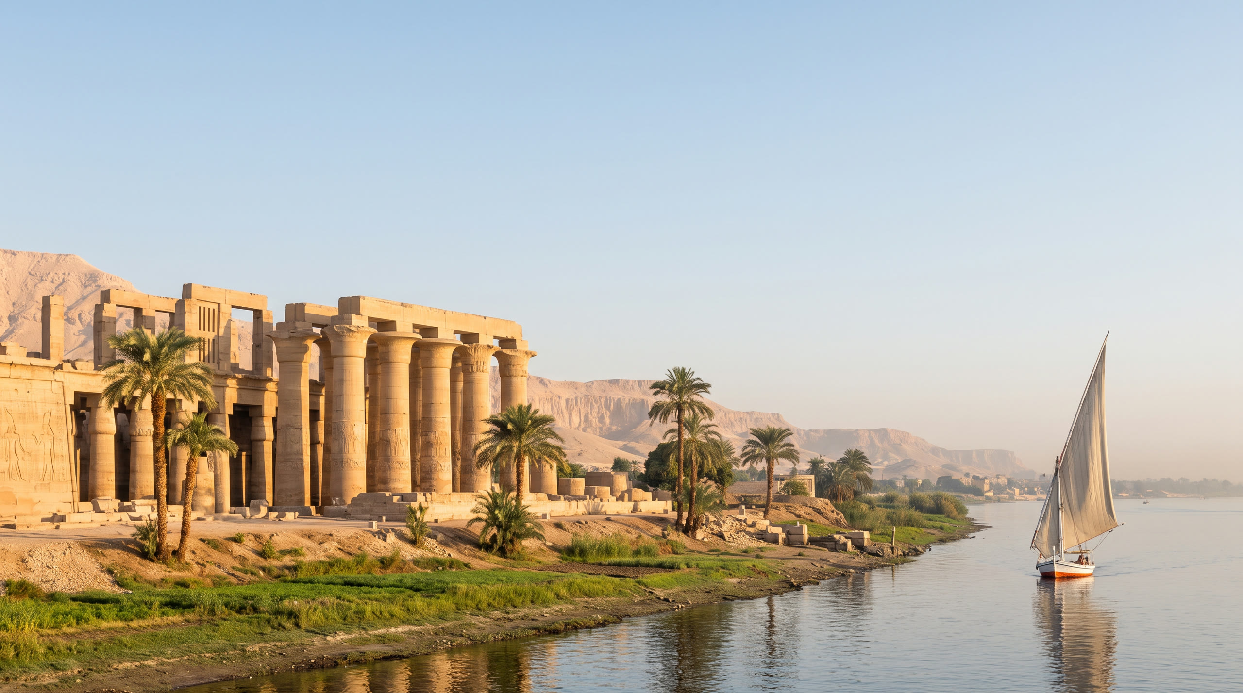 massive hypostyle temple columns beside the Nile's green strip at Luxor, Egypt, in early morning light — original Triple VIP destination visual.