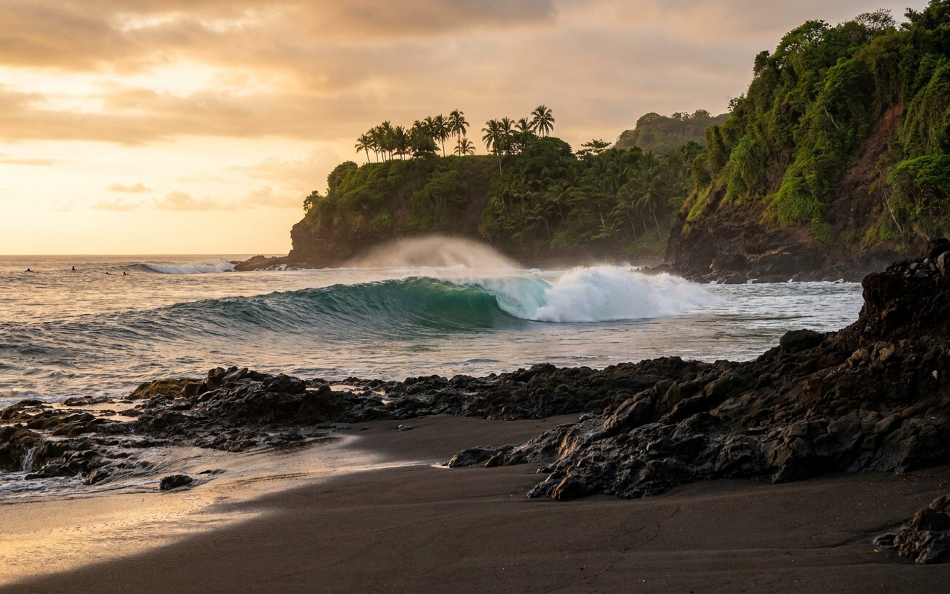 A powerful Pacific ocean wave cresting with a perfect barrel on a volcanic black sand beach, with tropical green cliffs in the background at sunset. at El Salvador Surf Coast, El Salvador — original Triple VIP destination visual.