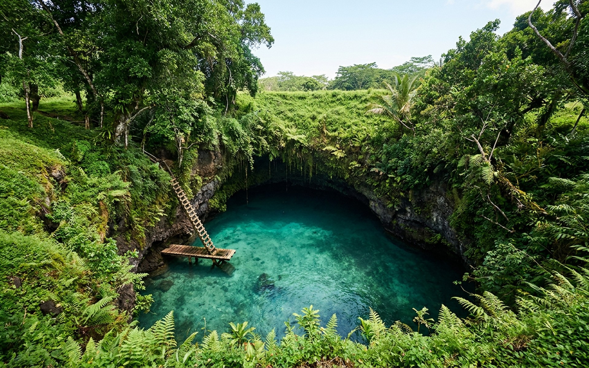 Crystal-clear turquoise waters of To Sua Ocean Trench, a natural swimming hole surrounded by lush tropical vegetation on Upolu island. at Samoa, Samoa — original Triple VIP destination visual.