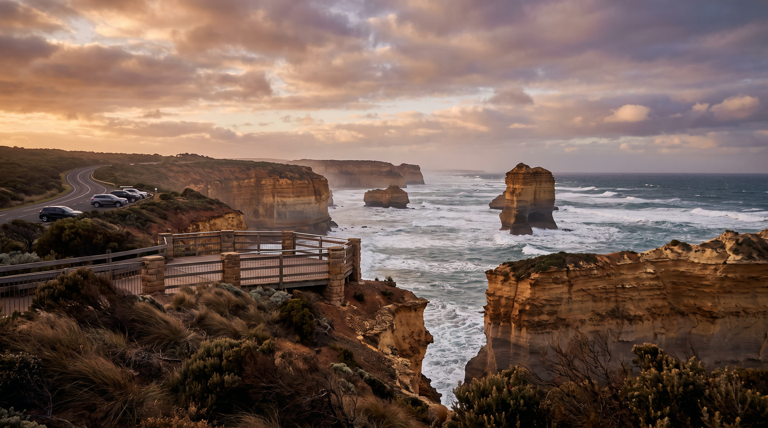 limestone sea stacks off a wild Southern Ocean coast at Great Ocean Road, Australia, in sunset light — original Triple VIP destination visual.