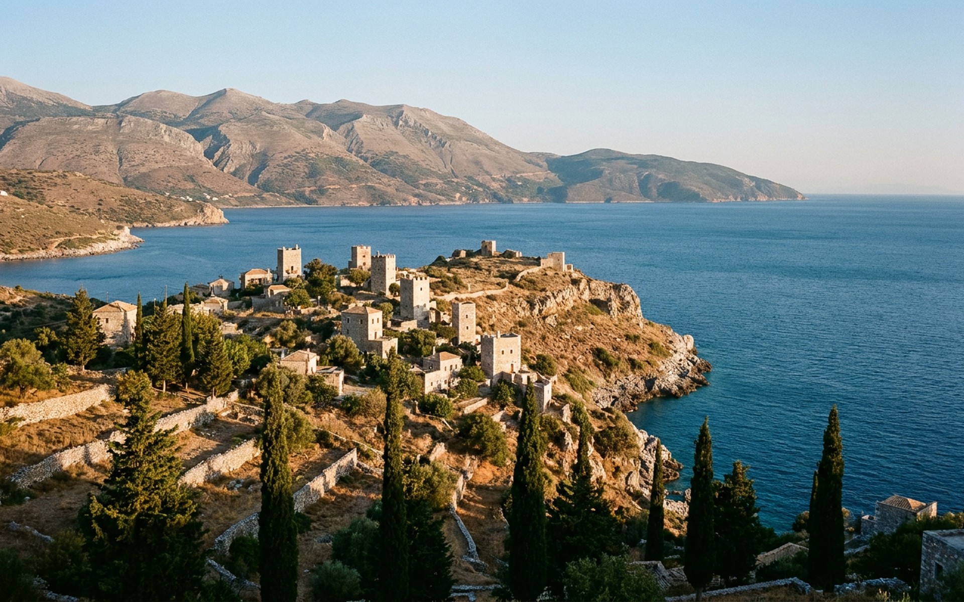 The distinctive stone tower houses of a Mani village stacked on an arid rocky headland above the deep blue Messenian Gulf, with the bare limestone ridges of the Taygetos range behind and cypress trees among dry-stone terraces in clear late-afternoon light. at the Mani Peninsula, Peloponnese, Greece — original Triple VIP destination visual.
