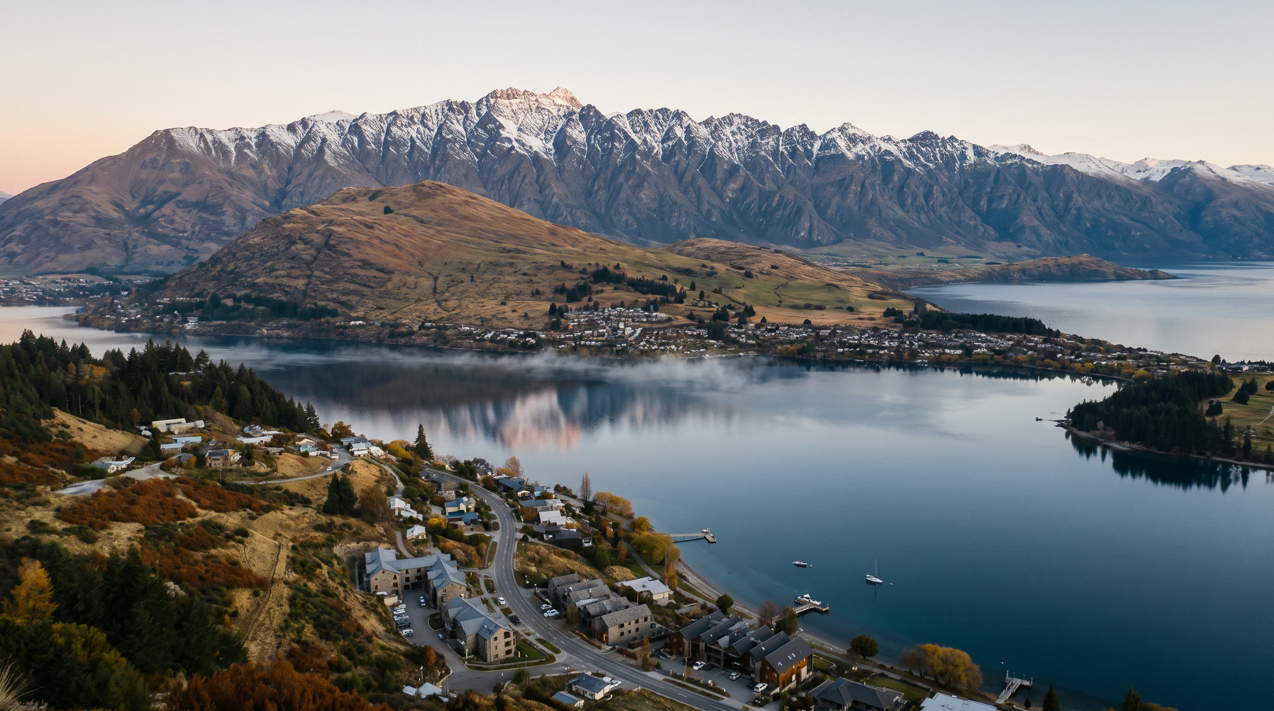 the lake below the sharp Remarkables range at Queenstown, New Zealand, in morning light — original Triple VIP destination visual.