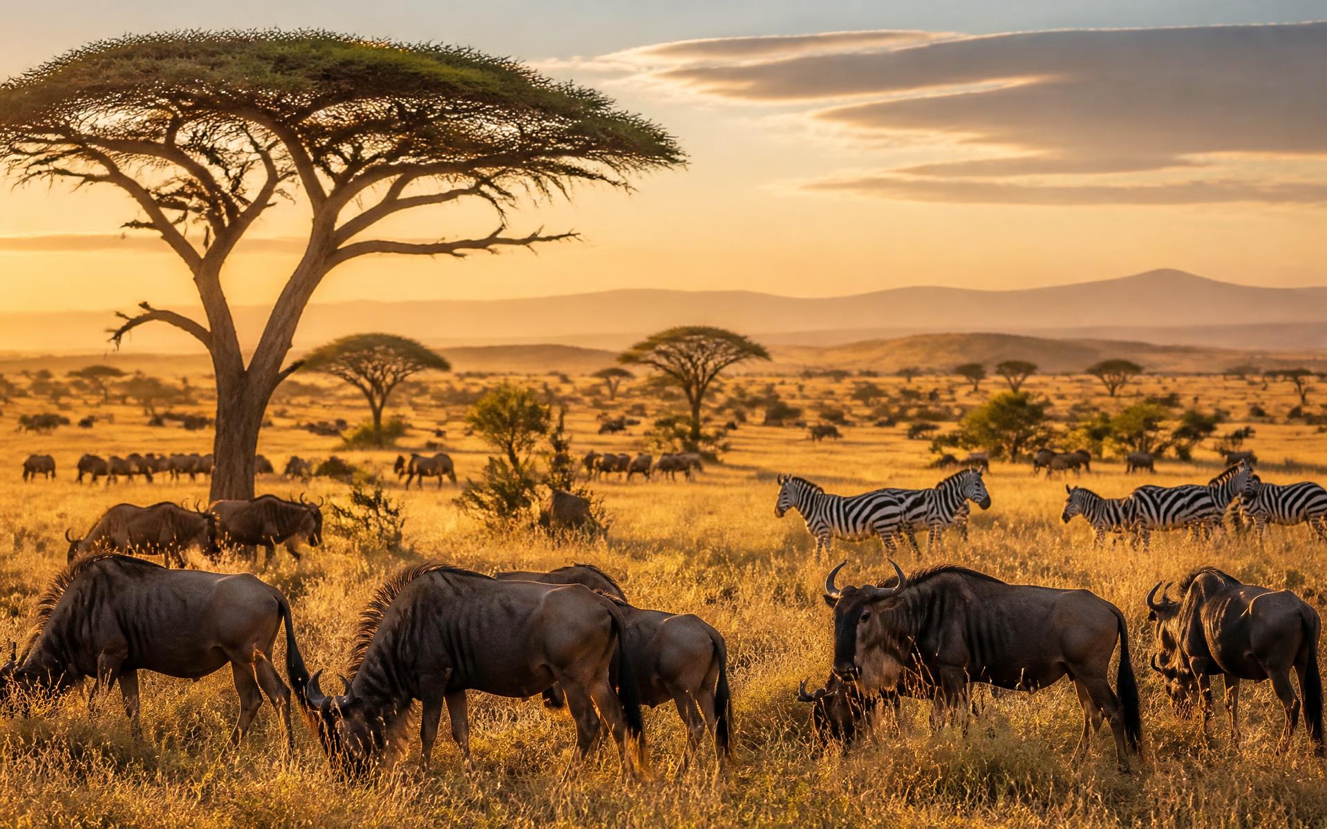 Wildebeest and zebra herds grazing beneath acacia trees on the golden Serengeti plains, Tanzania