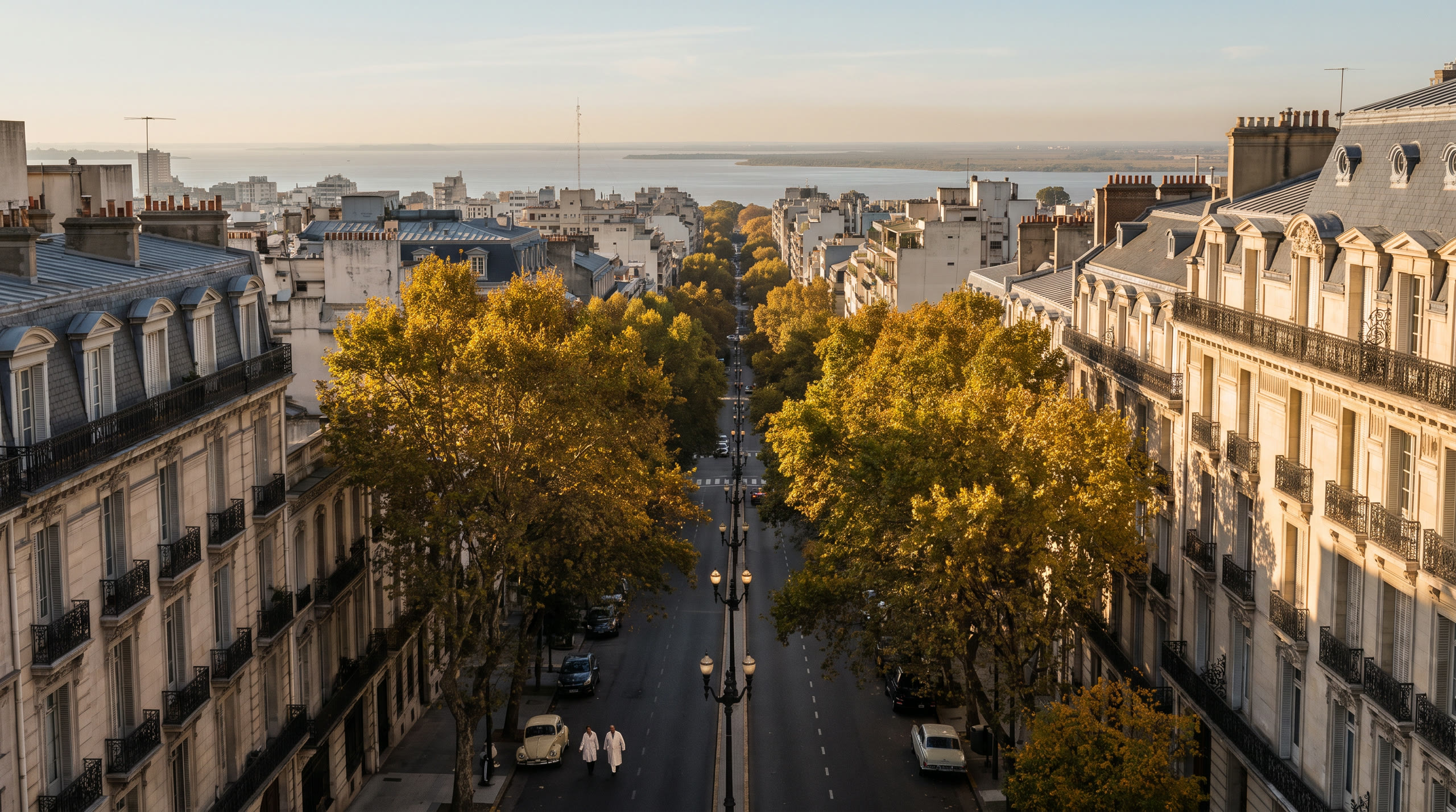 a wide European-style boulevard with belle-époque façades and plane trees at Buenos Aires, Argentina, in late afternoon light — original Triple VIP destination visual.