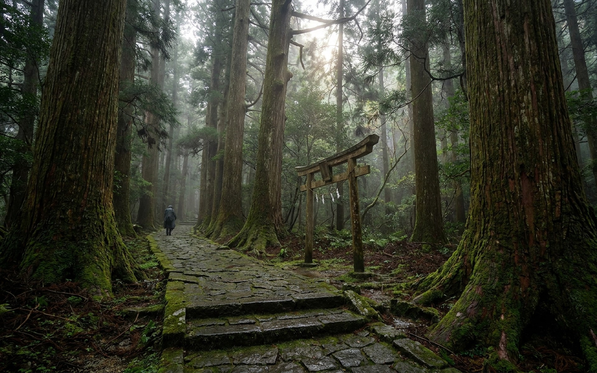 a stone-paved forest trail under towering cedars climbing past a small torii gate in low mountain light at the Kumano Kodō, Japan — original Triple VIP destination visual.