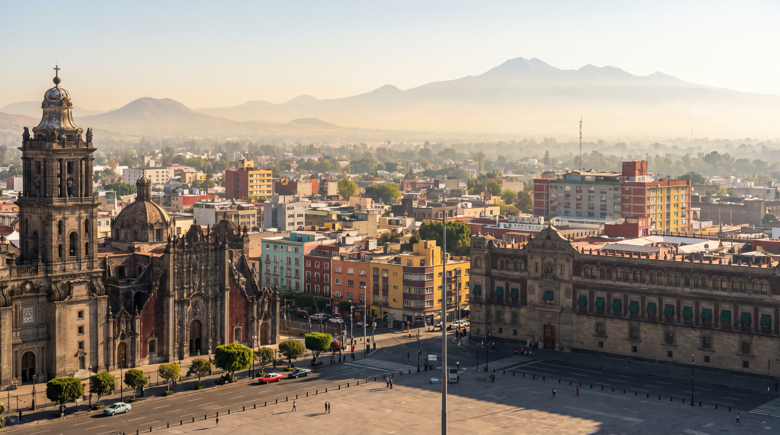 a colonial plaza with volcanic-stone façades and the vast valley beyond at Mexico City, Mexico, in morning light — original Triple VIP destination visual.