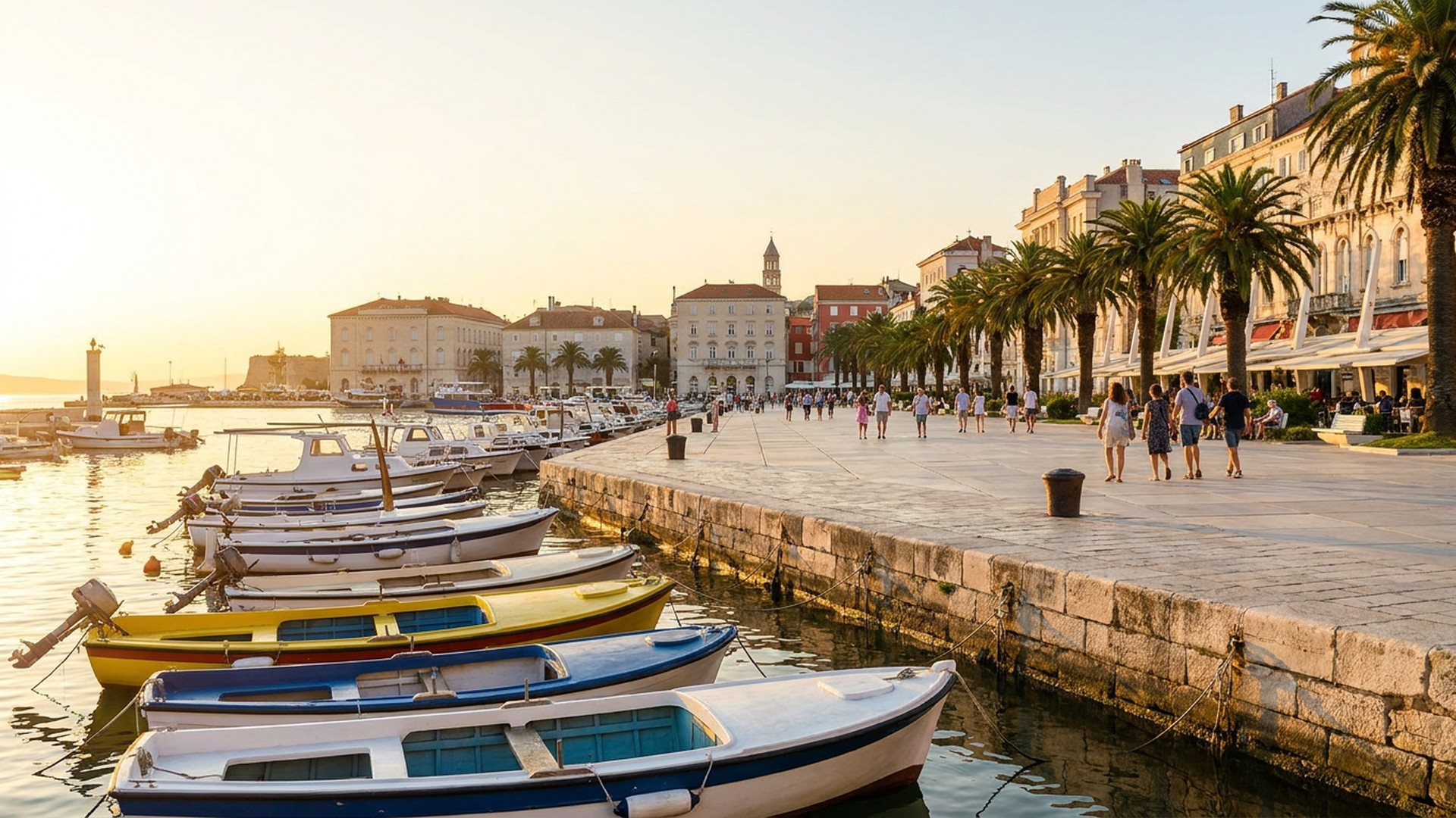 Bright harbourside promenade in morning light with colourful boats