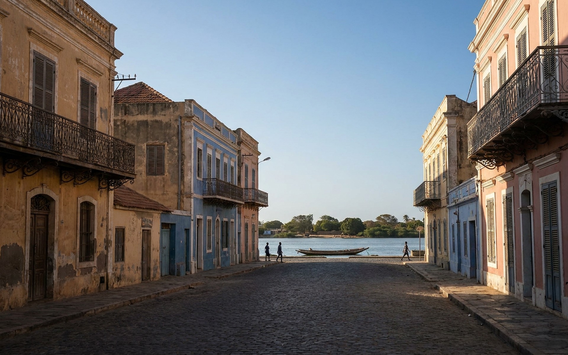 Colorful colonial-era buildings with wrought-iron balconies lining a vibrant street in the historic city of Saint-Louis, near the Senegal River. at Saint-Louis, Senegal — original Triple VIP destination visual.