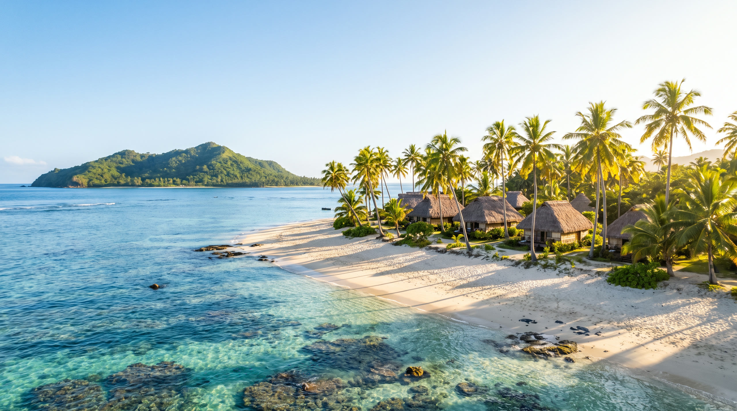a palm-fringed island in a bright reef lagoon at Fiji, Fiji, in morning light — original Triple VIP destination visual.