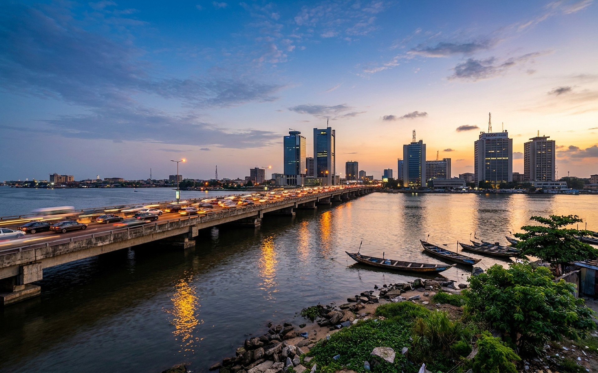 The vibrant, bustling cityscape of Lagos at dusk, with its modern skyscrapers and traffic flowing across the Third Mainland Bridge, reflecting lights on water. at Lagos, Nigeria — original Triple VIP destination visual.