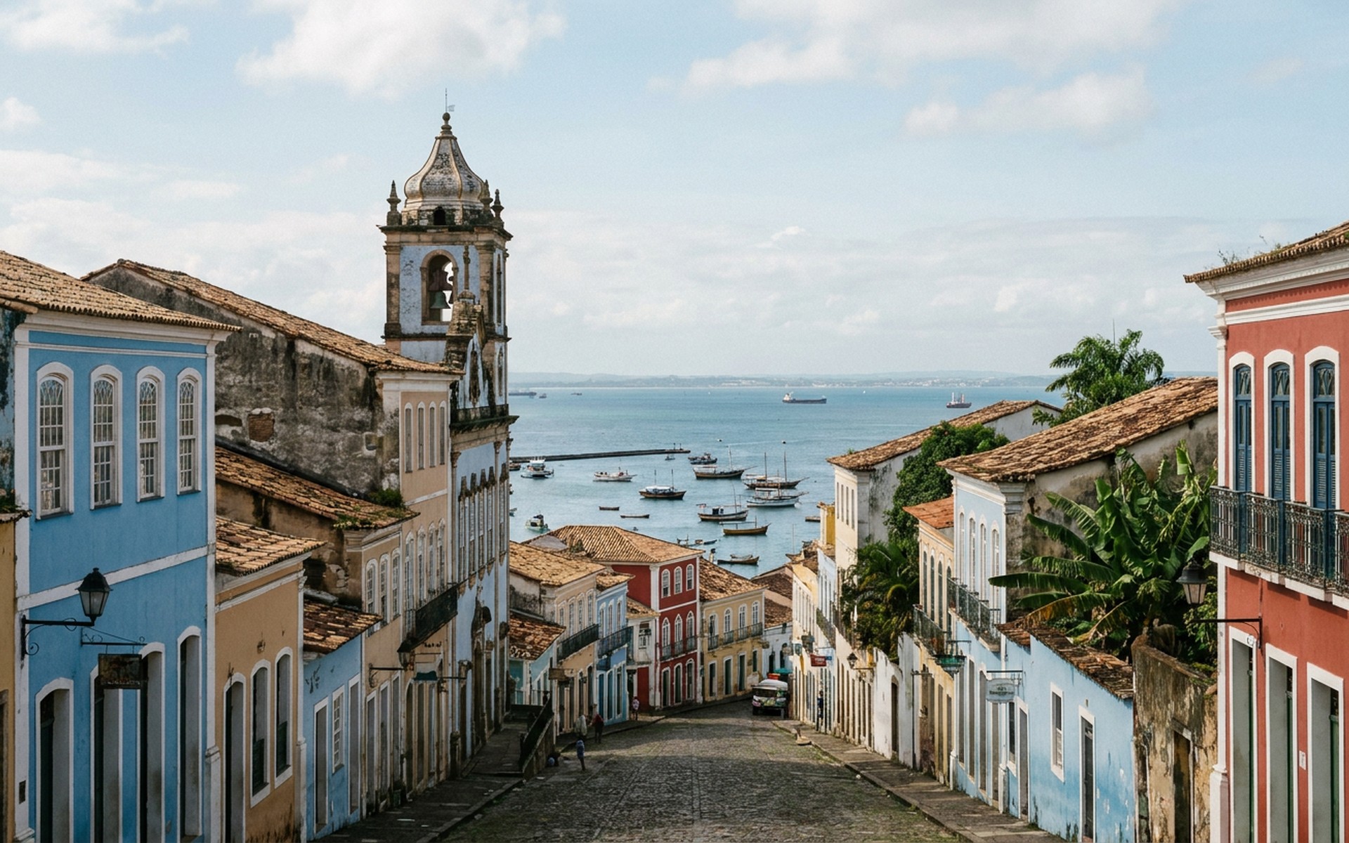 steep streets of brightly painted colonial houses and a baroque bell tower above the Bay of All Saints at Salvador da Bahia, Brazil — original Triple VIP destination visual.