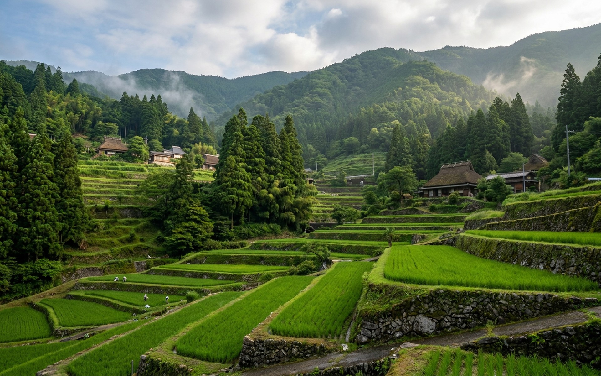 Lush green terraced rice fields clinging to steep mountain slopes, with traditional farmhouses nestled amongst dense forest in late spring. at Shikoku, Japan — original Triple VIP destination visual.