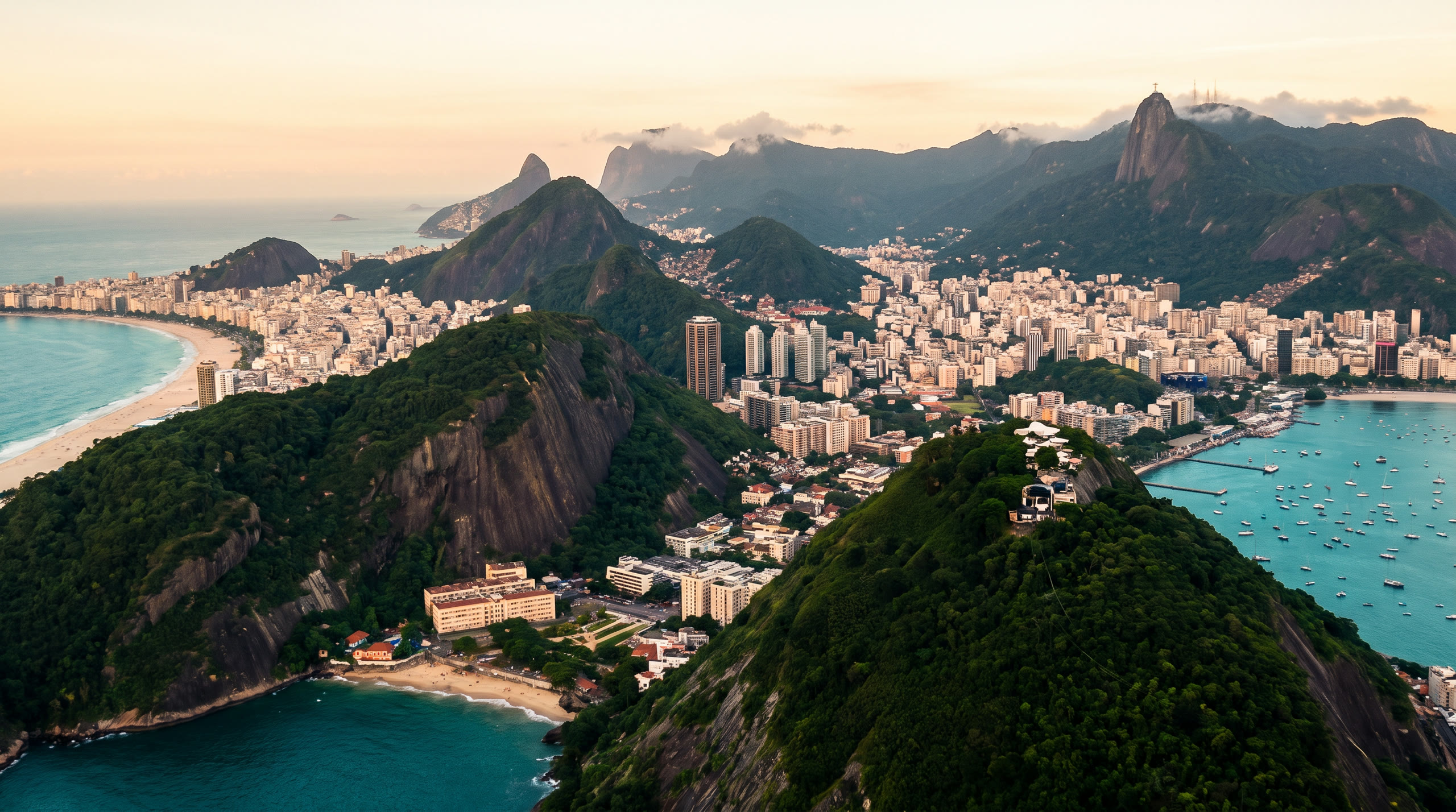 Sugarloaf and the bay with forested granite peaks meeting the city at Rio de Janeiro, Brazil, in golden hour light — original Triple VIP destination visual.