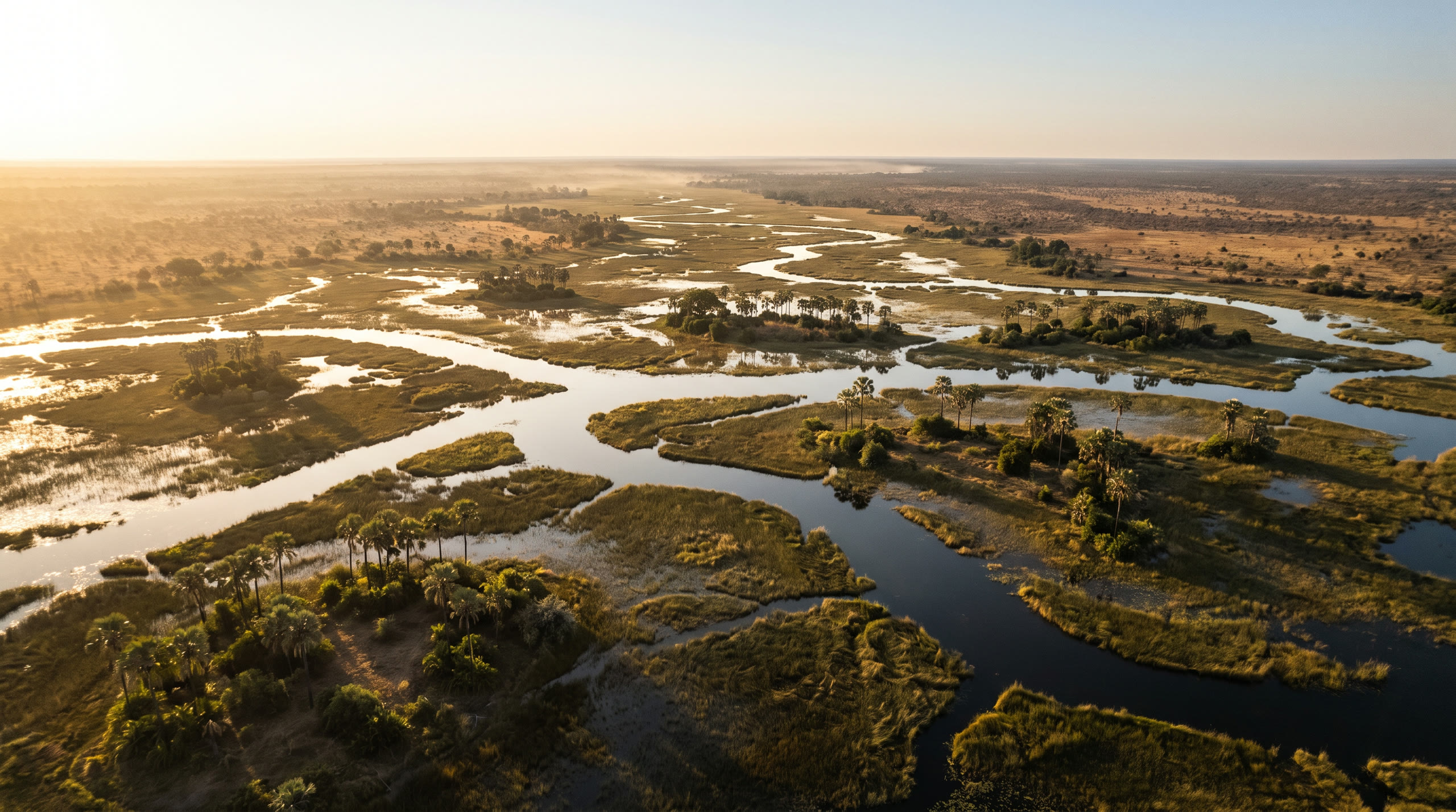 a maze of papyrus channels and flooded islands from the air at Okavango Delta, Botswana, in golden hour light — original Triple VIP destination visual.