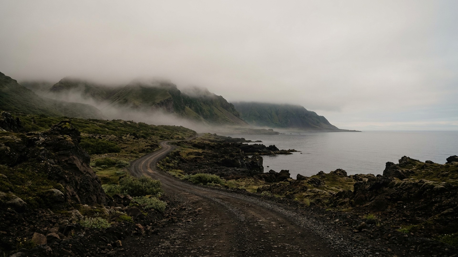 Remote volcanic island coastline under soft overcast light with an empty track