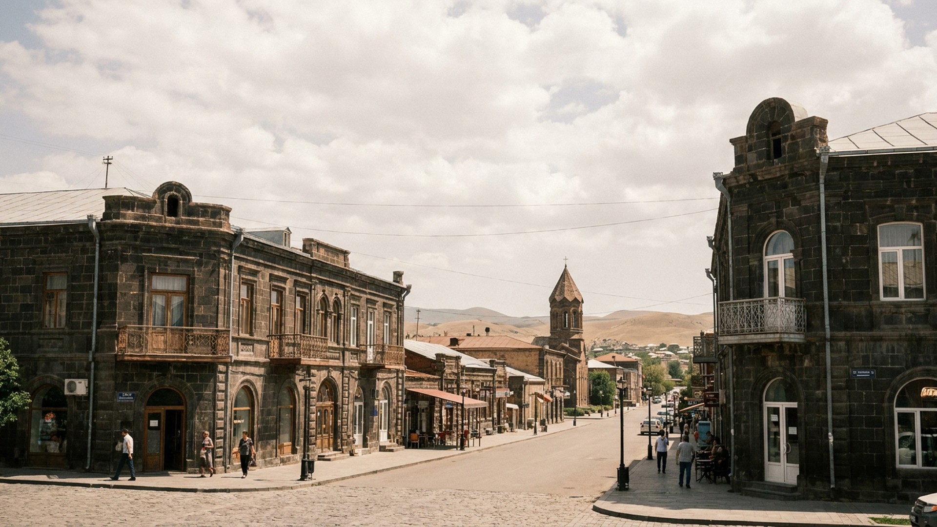 Street-level view of the civic architecture in Gyumri, Armenia