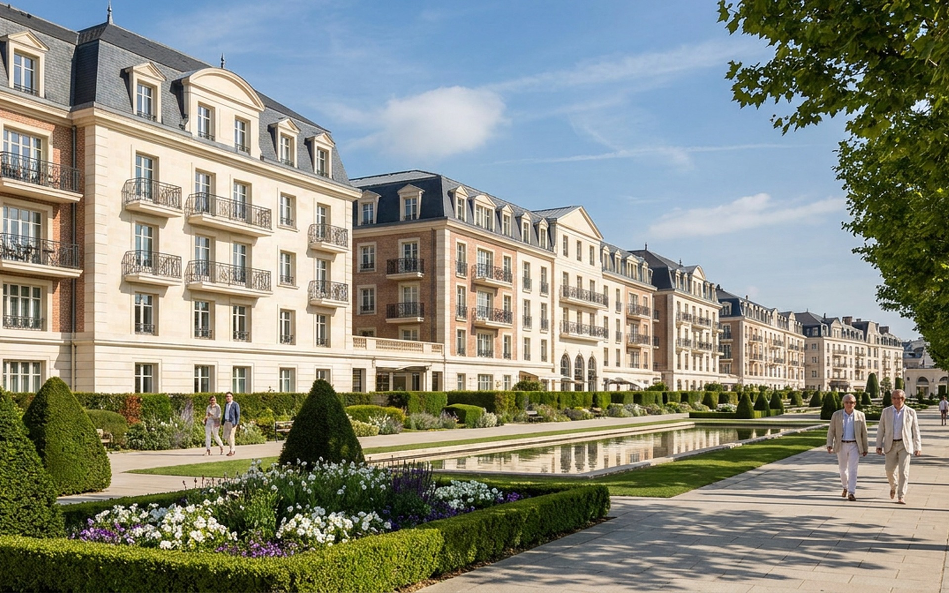 Elegant French resort avenue with limestone hotel facades and formal gardens at Marne-la-Vallee, east of Paris