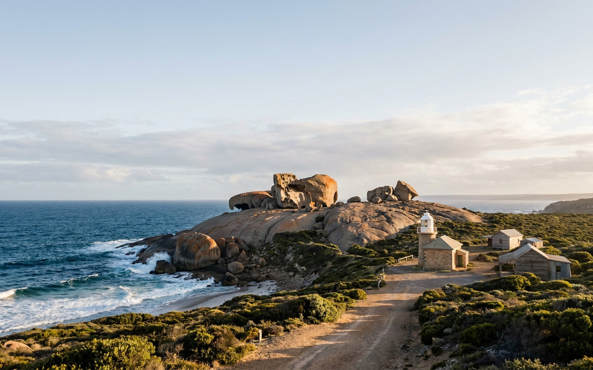 wind-sculpted granite boulders on a wild coast above deep blue Southern Ocean surf at Kangaroo Island, Australia — original Triple VIP destination visual.
