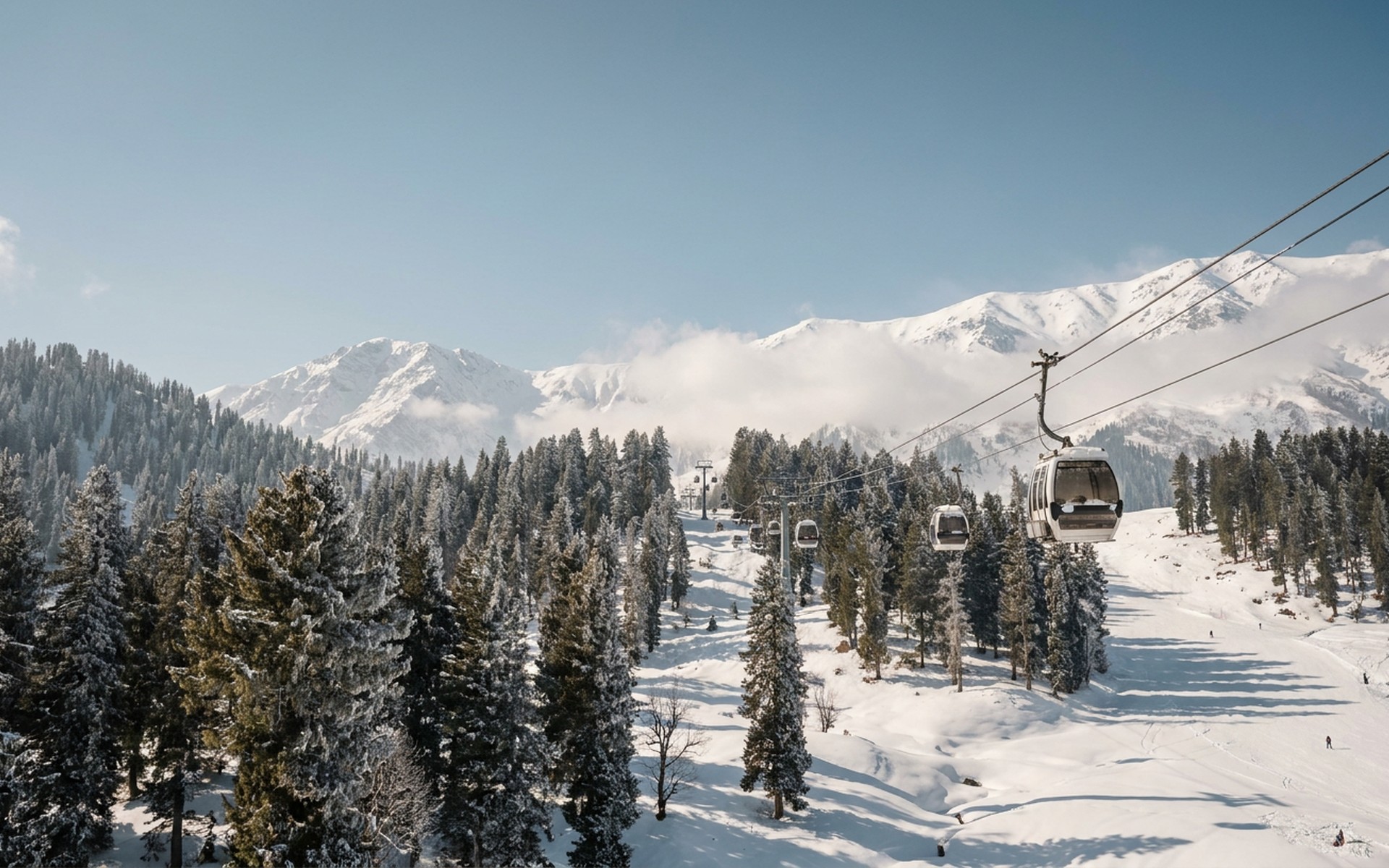 A majestic view of the snow-laden Gulmarg gondola ascending towards towering Himalayan peaks, surrounded by pine forests in winter. at Gulmarg, India — original Triple VIP destination visual.