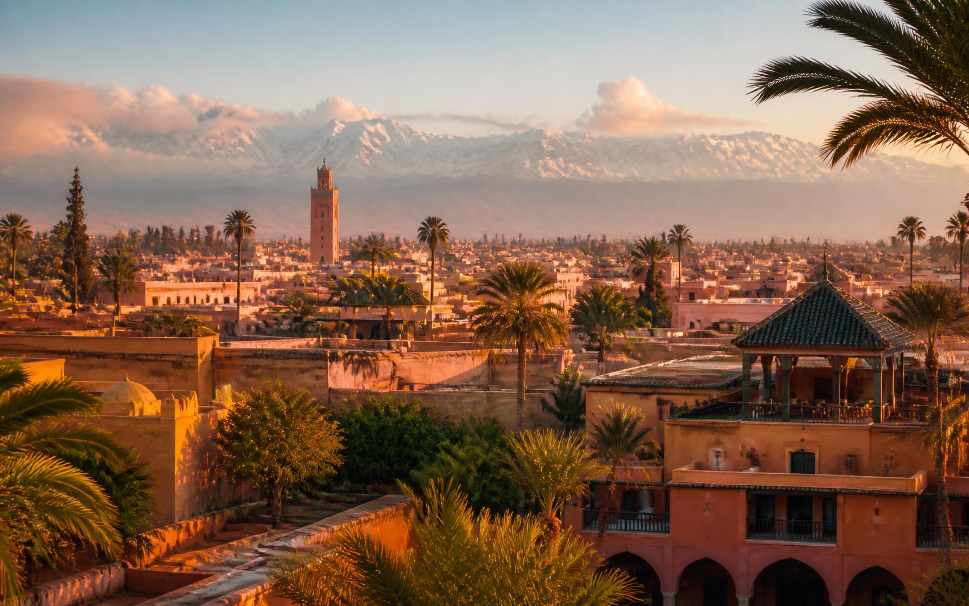Terracotta rooftops and palms of Marrakech below the snow-dusted Atlas Mountains, Morocco