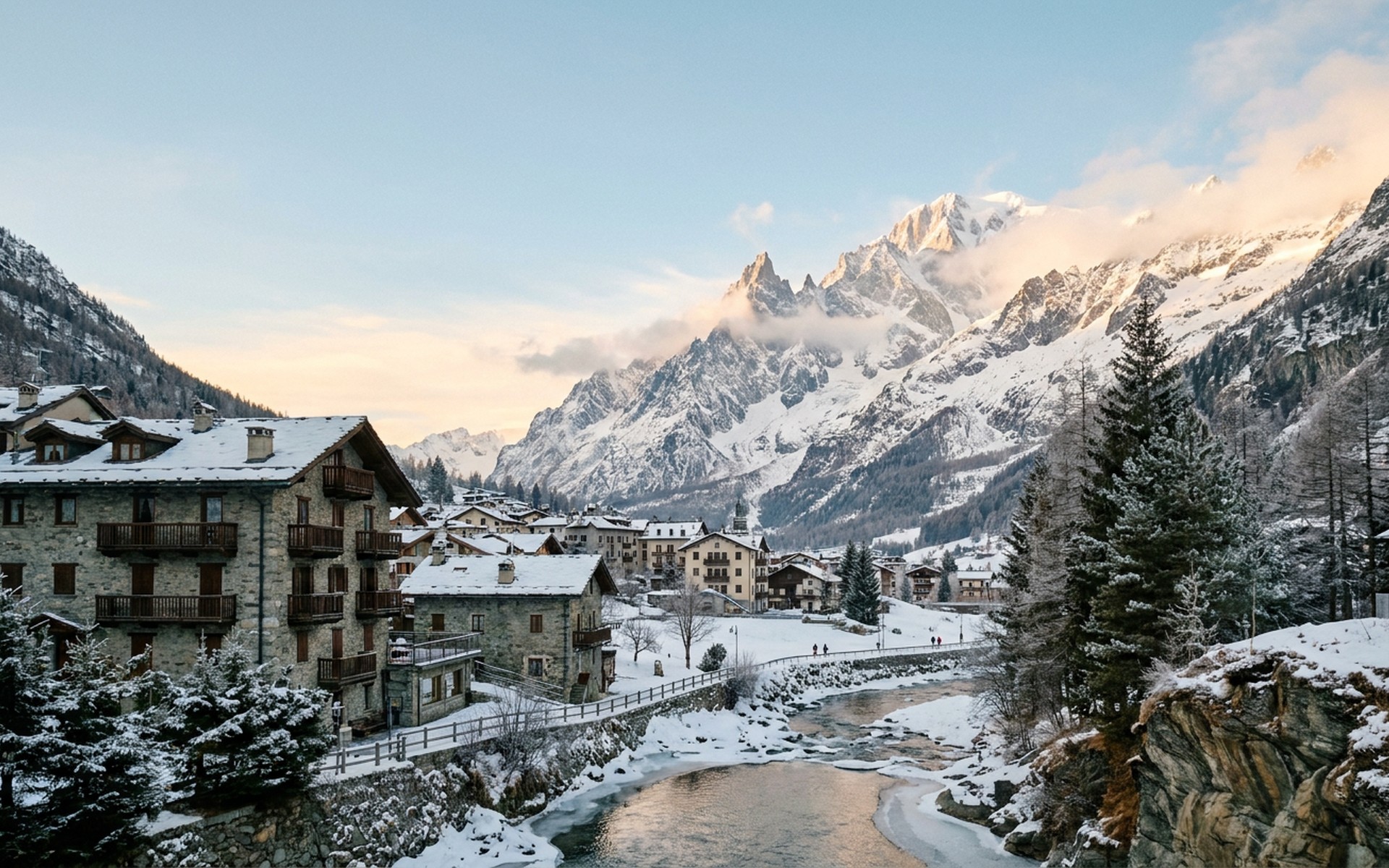 Majestic snow-covered peaks of Mont Blanc range towering over an alpine village, bathed in soft morning light in winter. at Courmayeur, Italy — original Triple VIP destination visual.