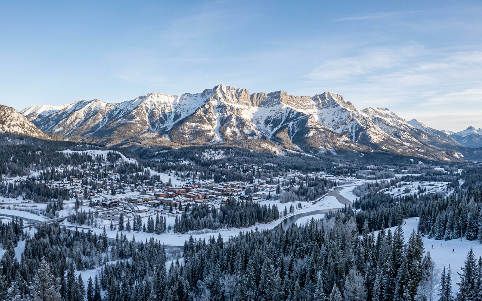 The rugged snow-covered peaks of the Canadian Rockies surrounding Fernie, with dense evergreen forests in the foreground under a crisp winter sky. at Fernie, Canada — original Triple VIP destination visual.