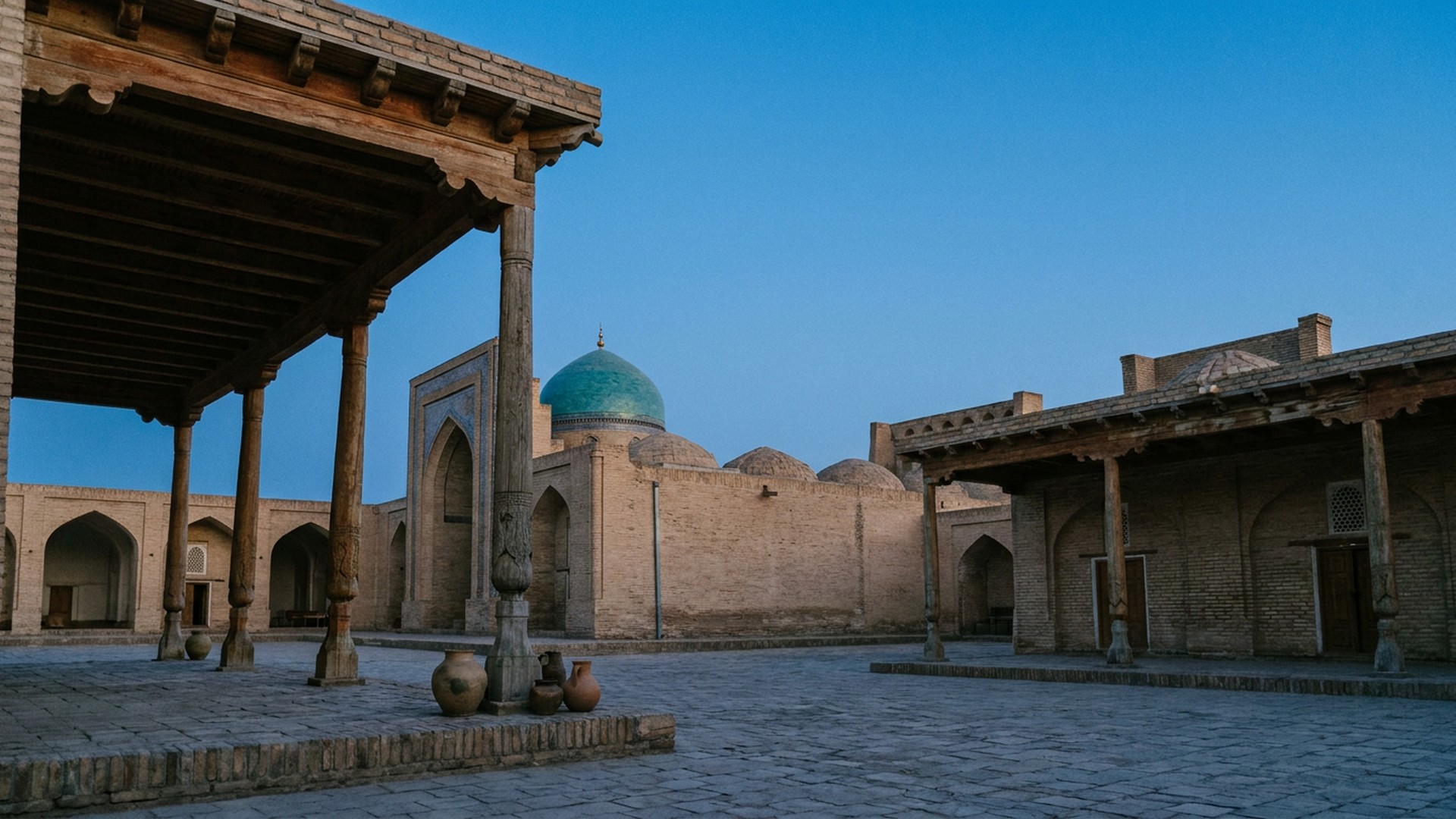 Arcaded public space in G’ijduvon Shahri, Uzbekistan