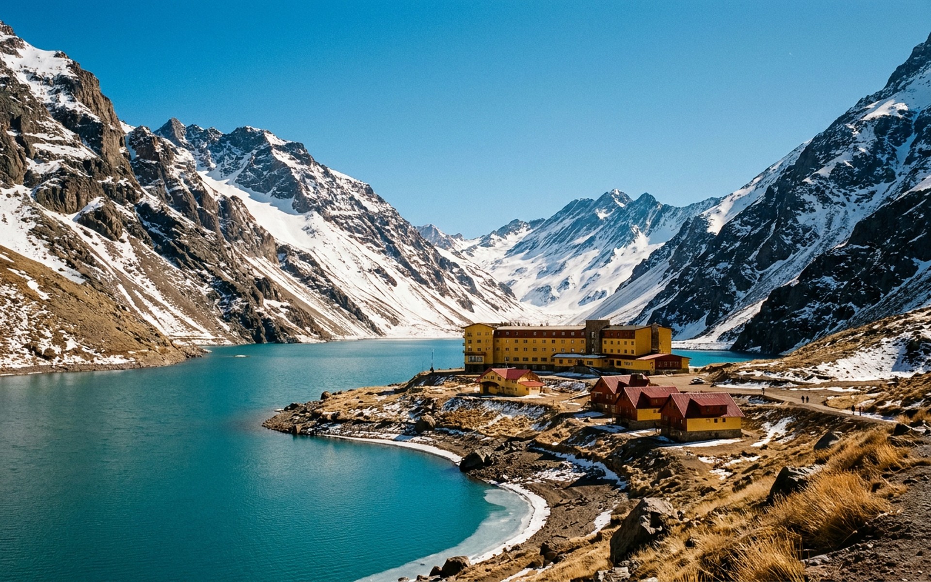 The iconic yellow Portillo Hotel nestled beside the brilliant blue Laguna del Inca, surrounded by towering, snow-capped Andean peaks in late winter. at Portillo, Chile — original Triple VIP destination visual.