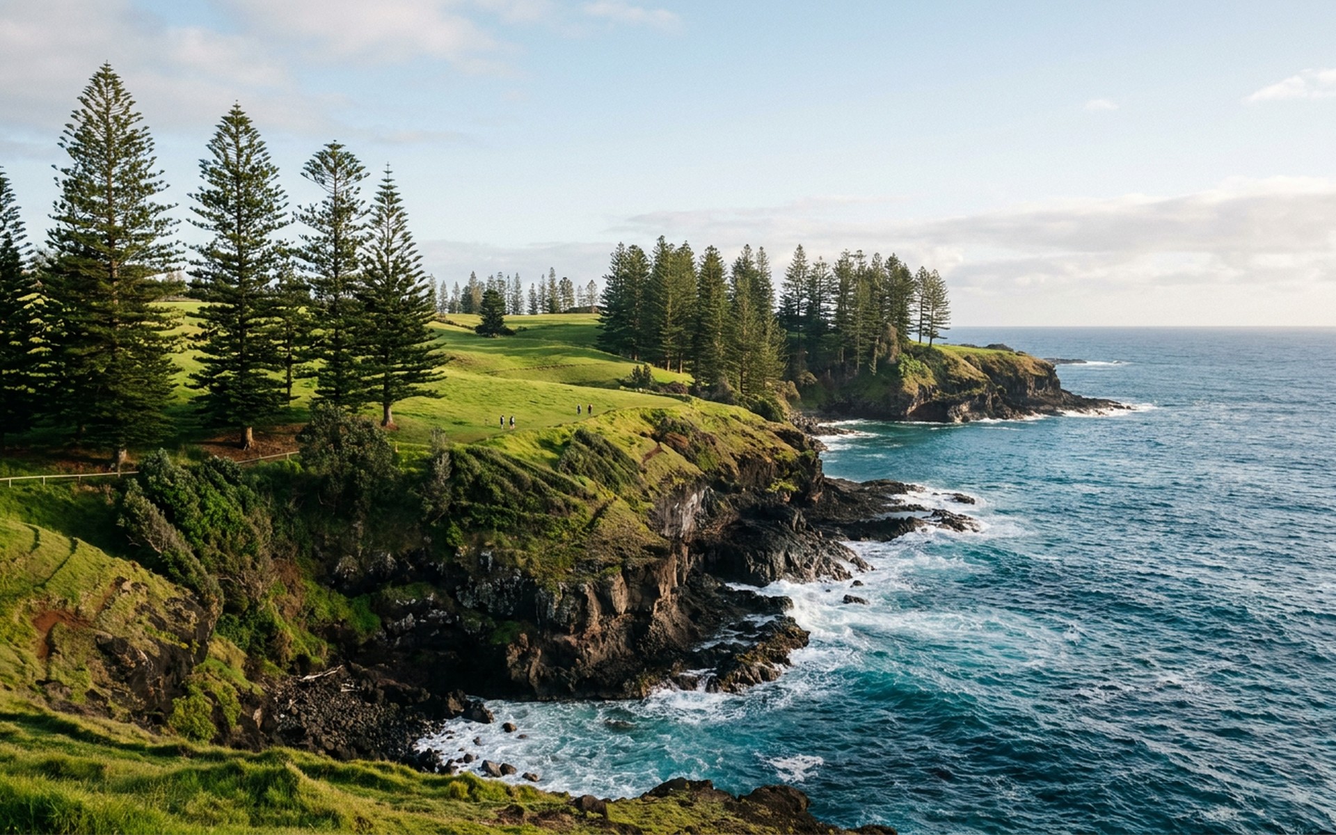 Dramatic coastline of Norfolk Island featuring towering Norfolk pines overlooking emerald pastures and rugged cliffs meeting the Pacific Ocean. at Norfolk Island, Australia — original Triple VIP destination visual.