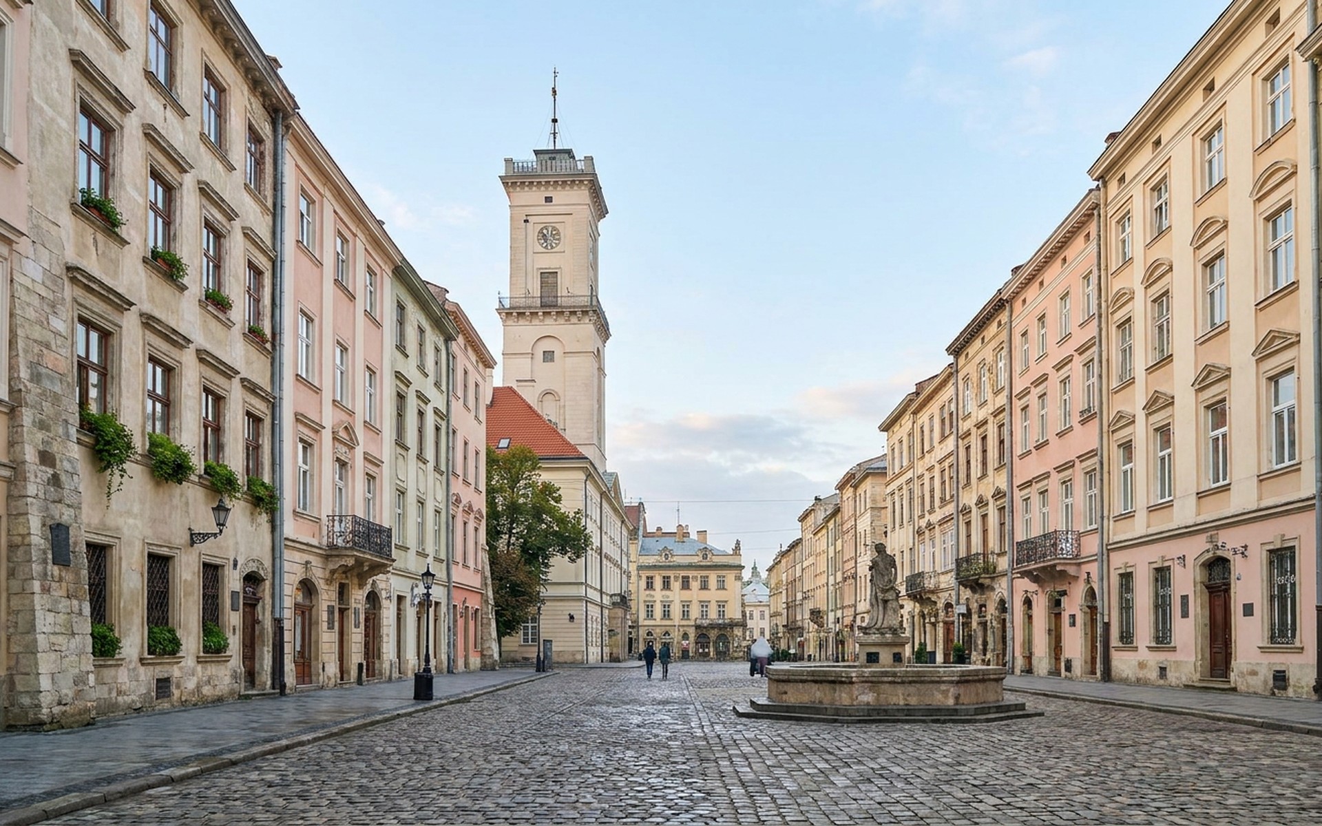 a cobbled market square ringed by pastel renaissance townhouses beneath a tall town-hall tower at Lviv, Ukraine — original Triple VIP destination visual.