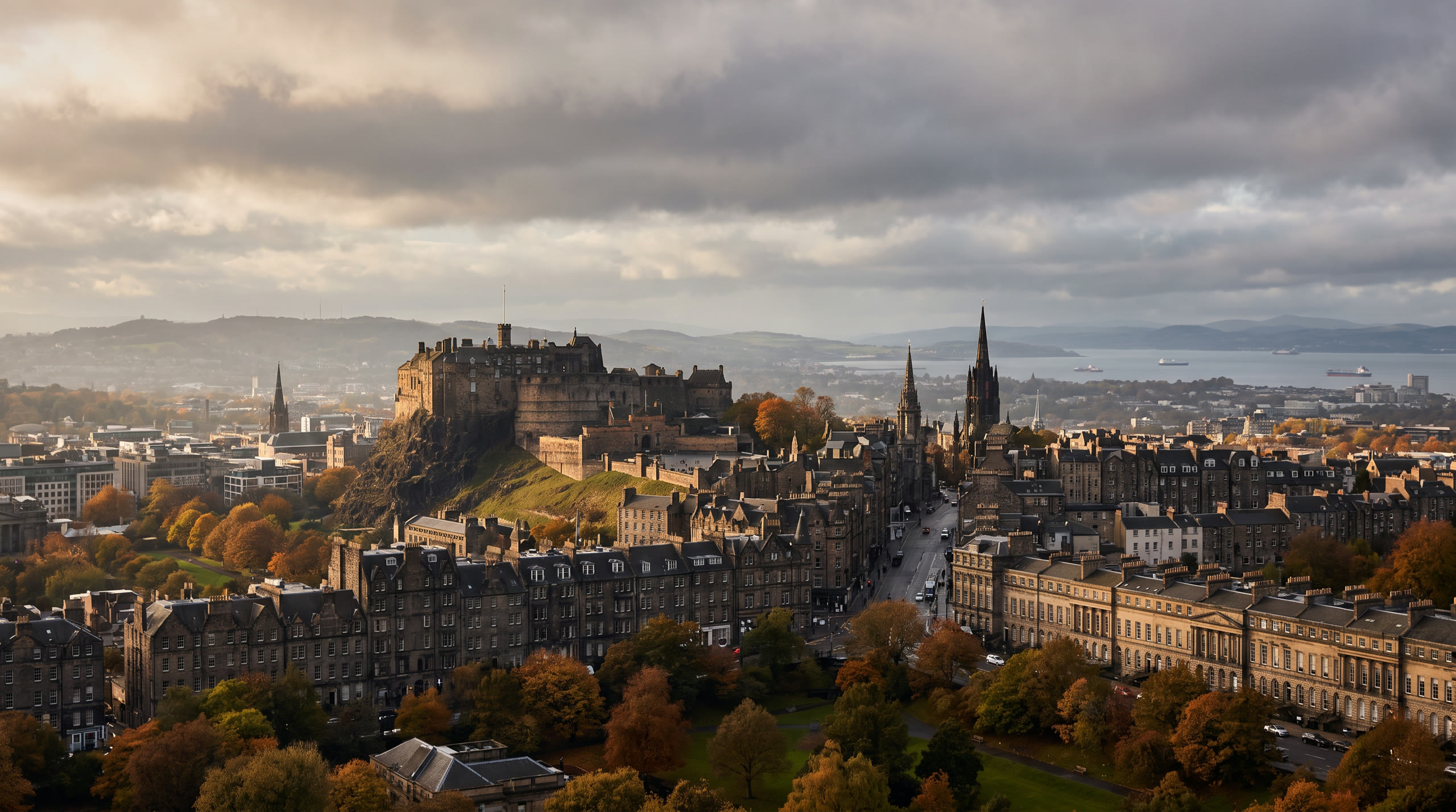 the castle on its volcanic crag above the Old Town spine at Edinburgh, United Kingdom, in late afternoon light — original Triple VIP destination visual.