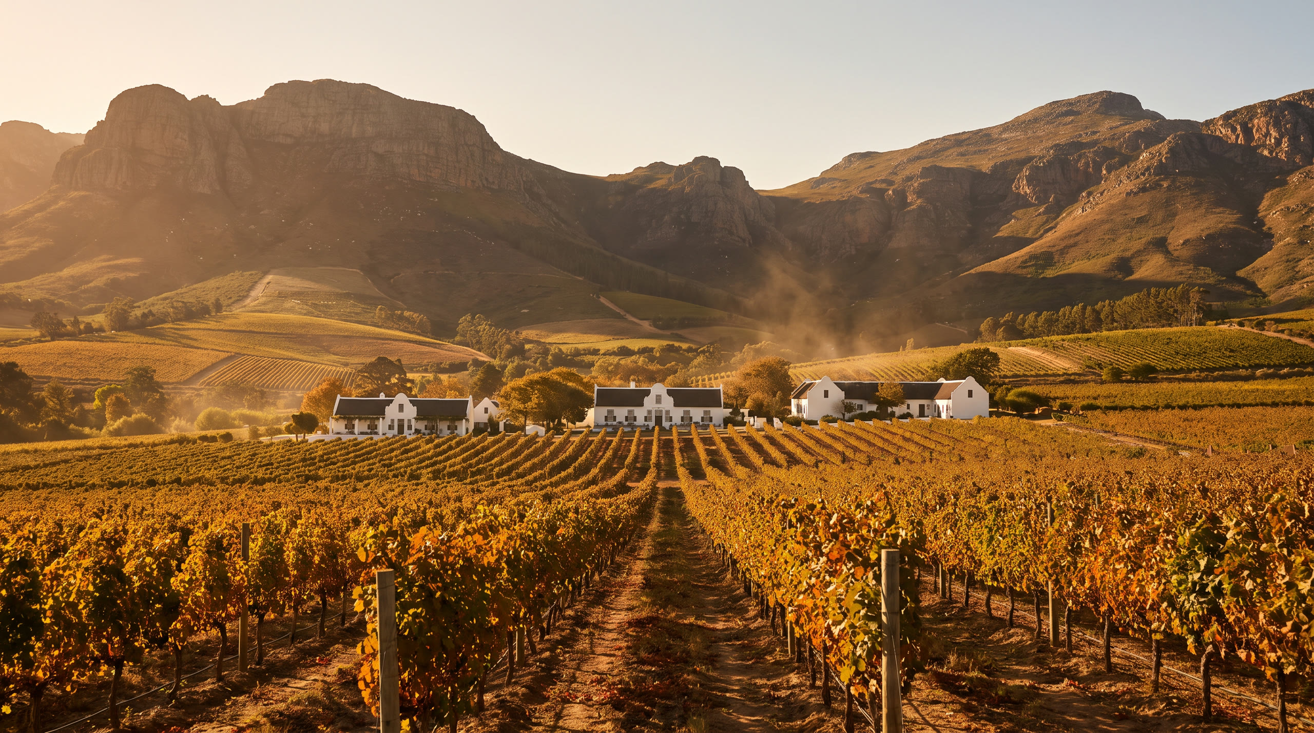 vineyard rows running toward jagged mountains with Cape Dutch gables at Cape Winelands, South Africa, in golden hour light — original Triple VIP destination visual.
