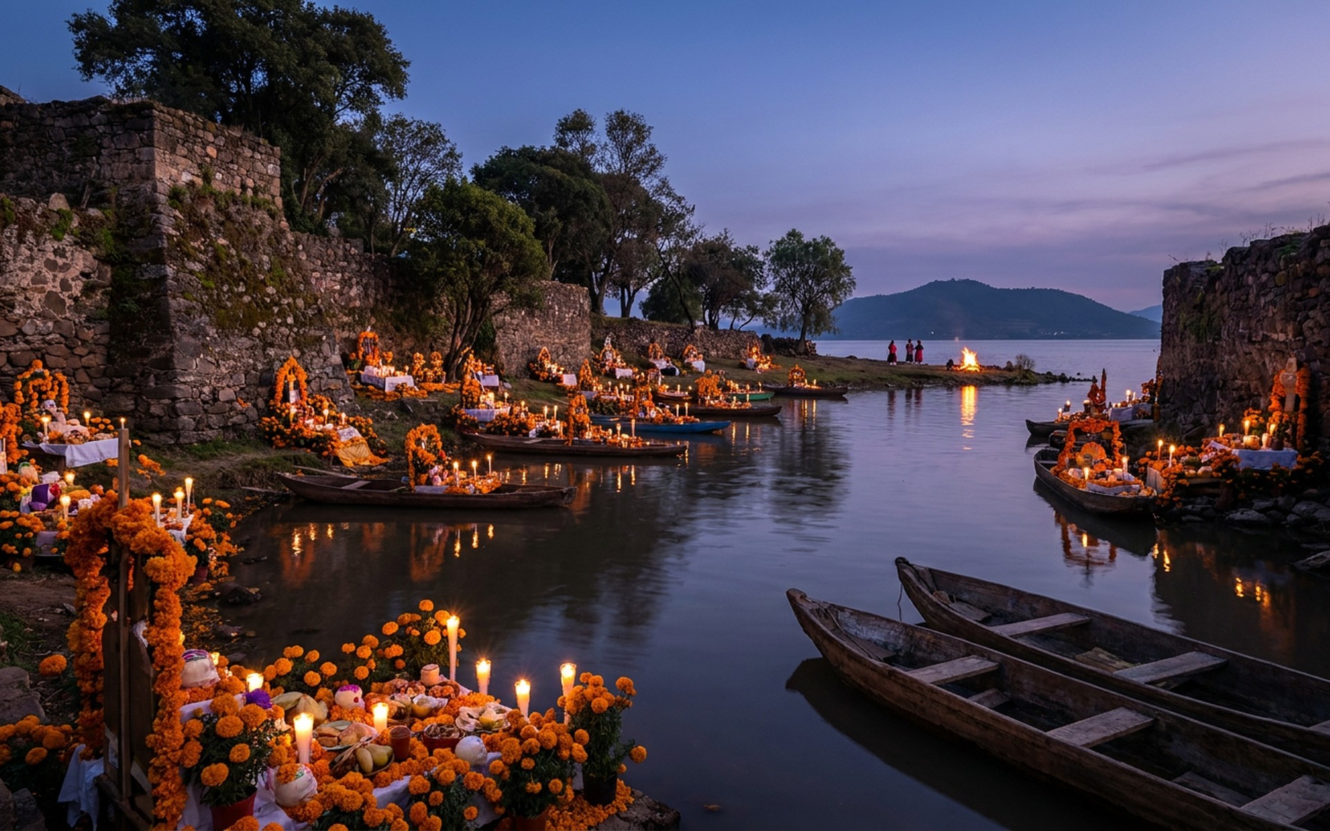 Candlelit altars adorned with marigolds and offerings, reflecting on the tranquil waters of Lake Pátzcuaro during Día de Muertos night. at Pátzcuaro & Day of the Dead, Mexico — original Triple VIP destination visual.