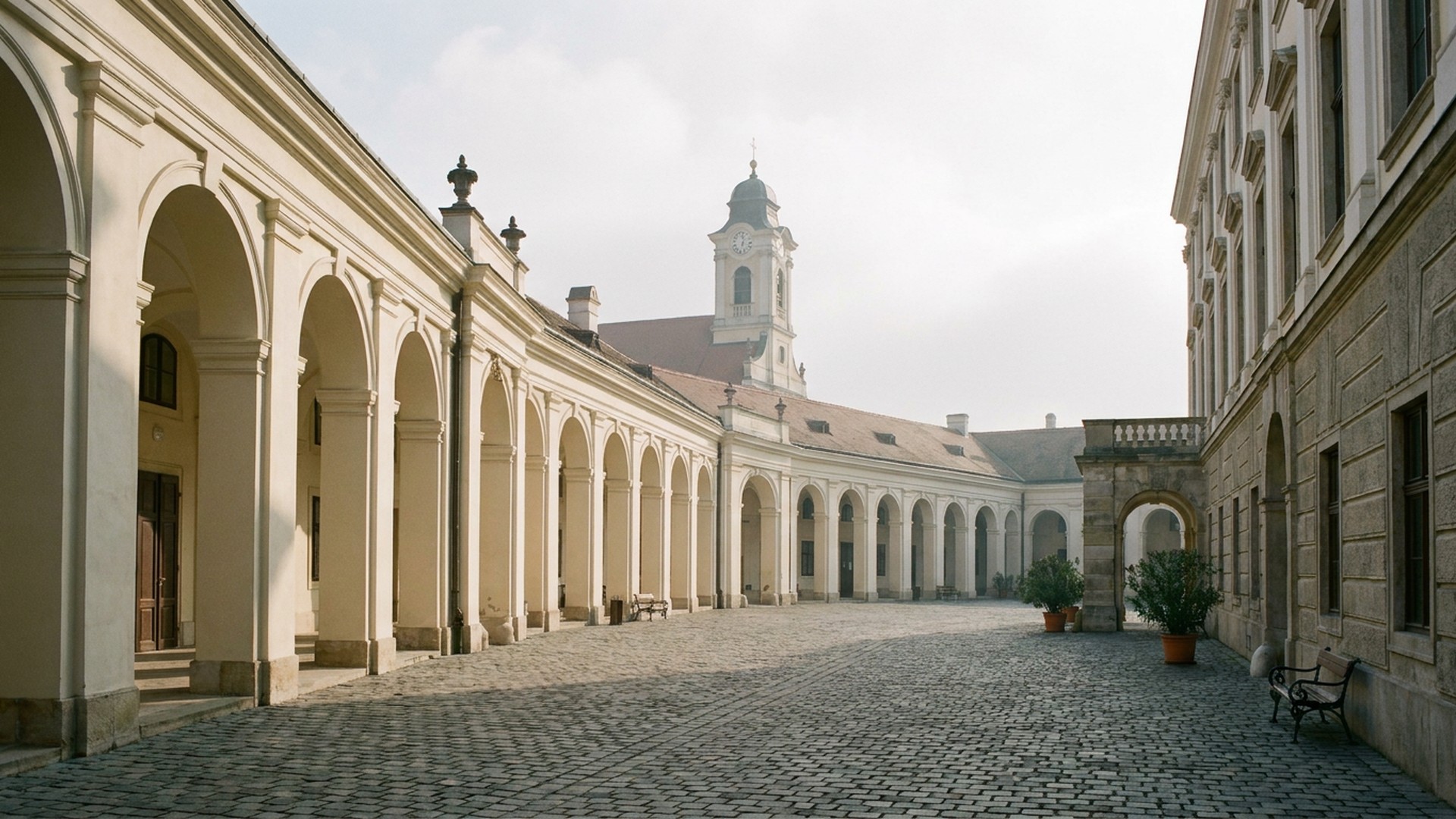 Arcaded public space in Pápa, Hungary