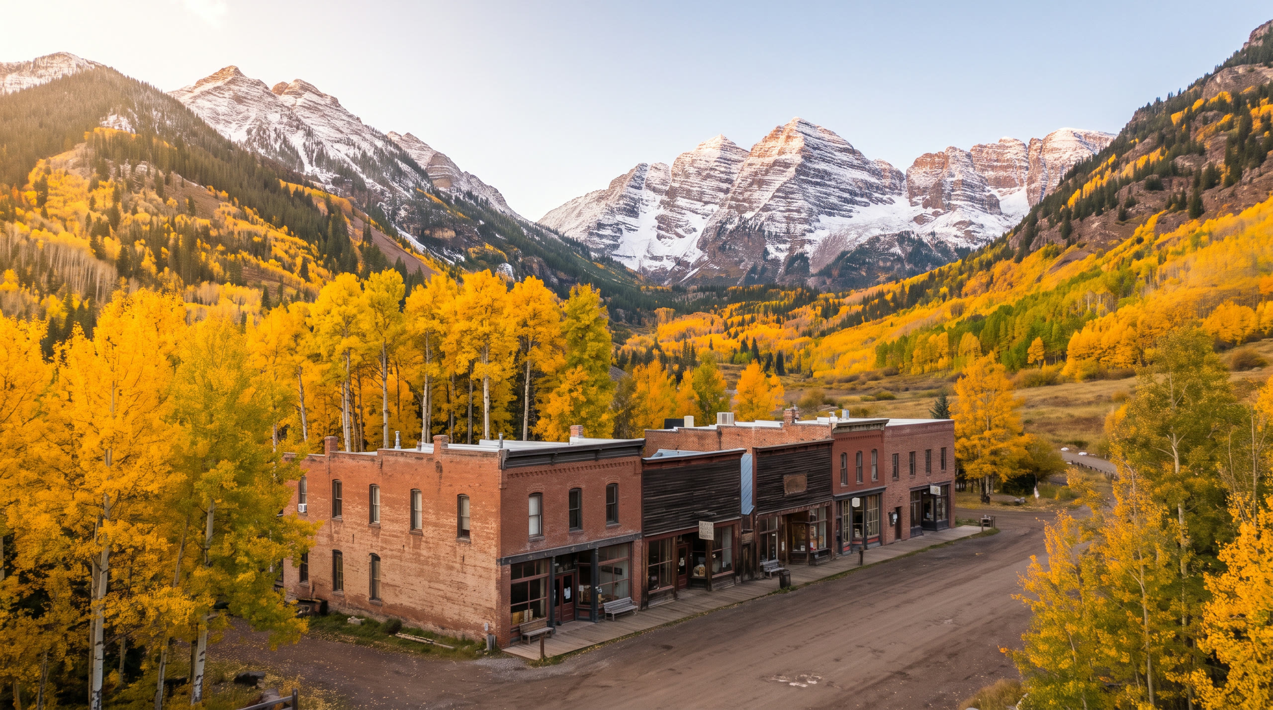 golden aspen groves below snow-dusted Rocky Mountain peaks at Aspen, United States, in morning light — original Triple VIP destination visual.
