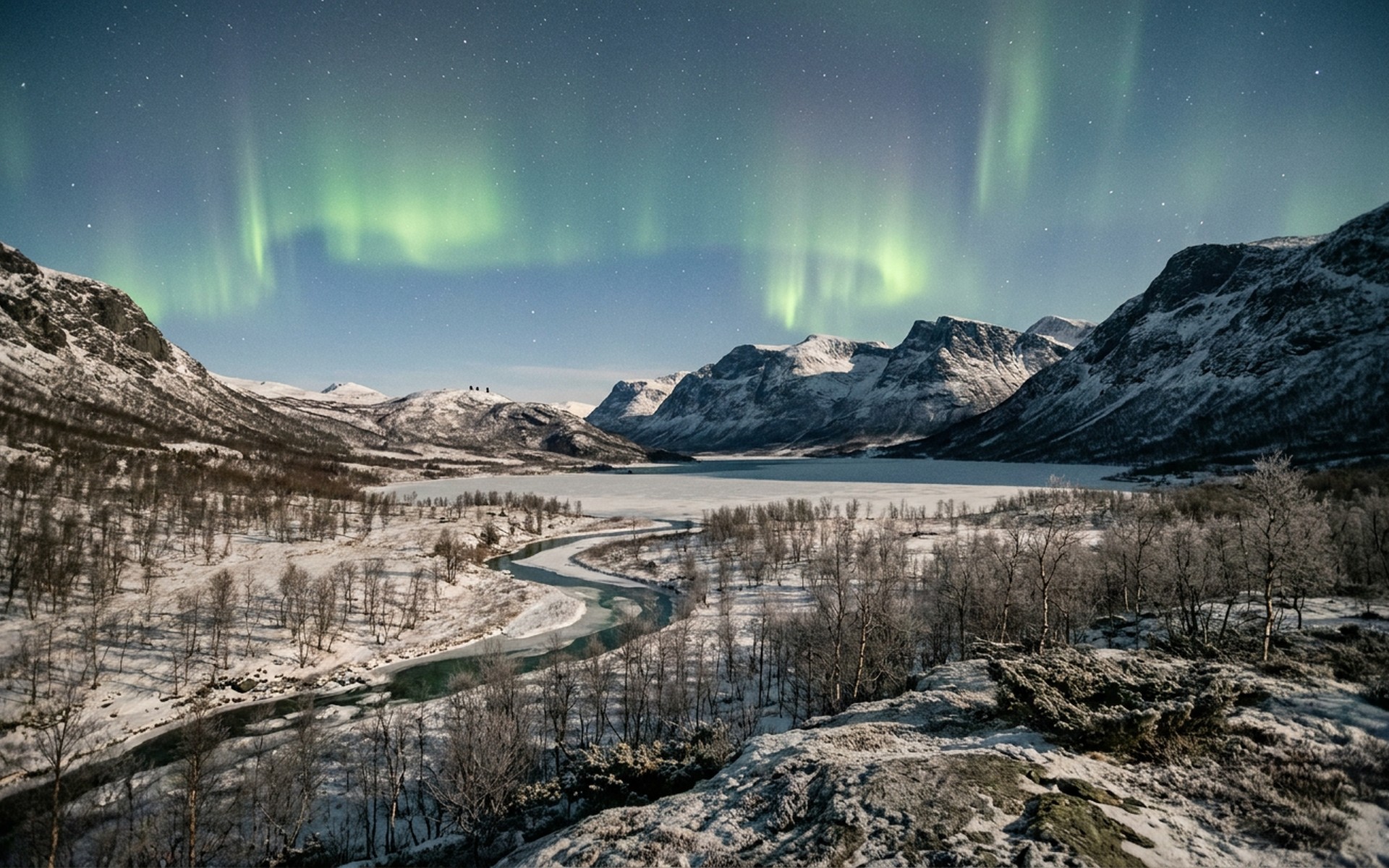a wide U-shaped valley of birch forest and frozen lake under green aurora curtains on a clear winter night at Abisko, Swedish Lapland — original Triple VIP destination visual.